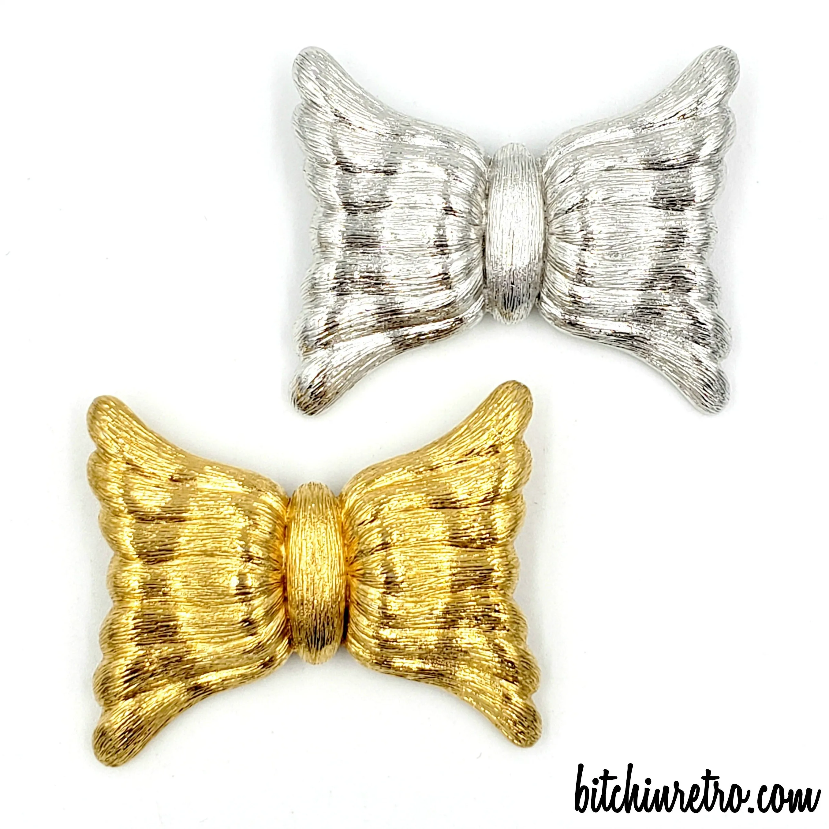 Monet Vintage Brooch Set Modernistic Bow in Silver and Gold