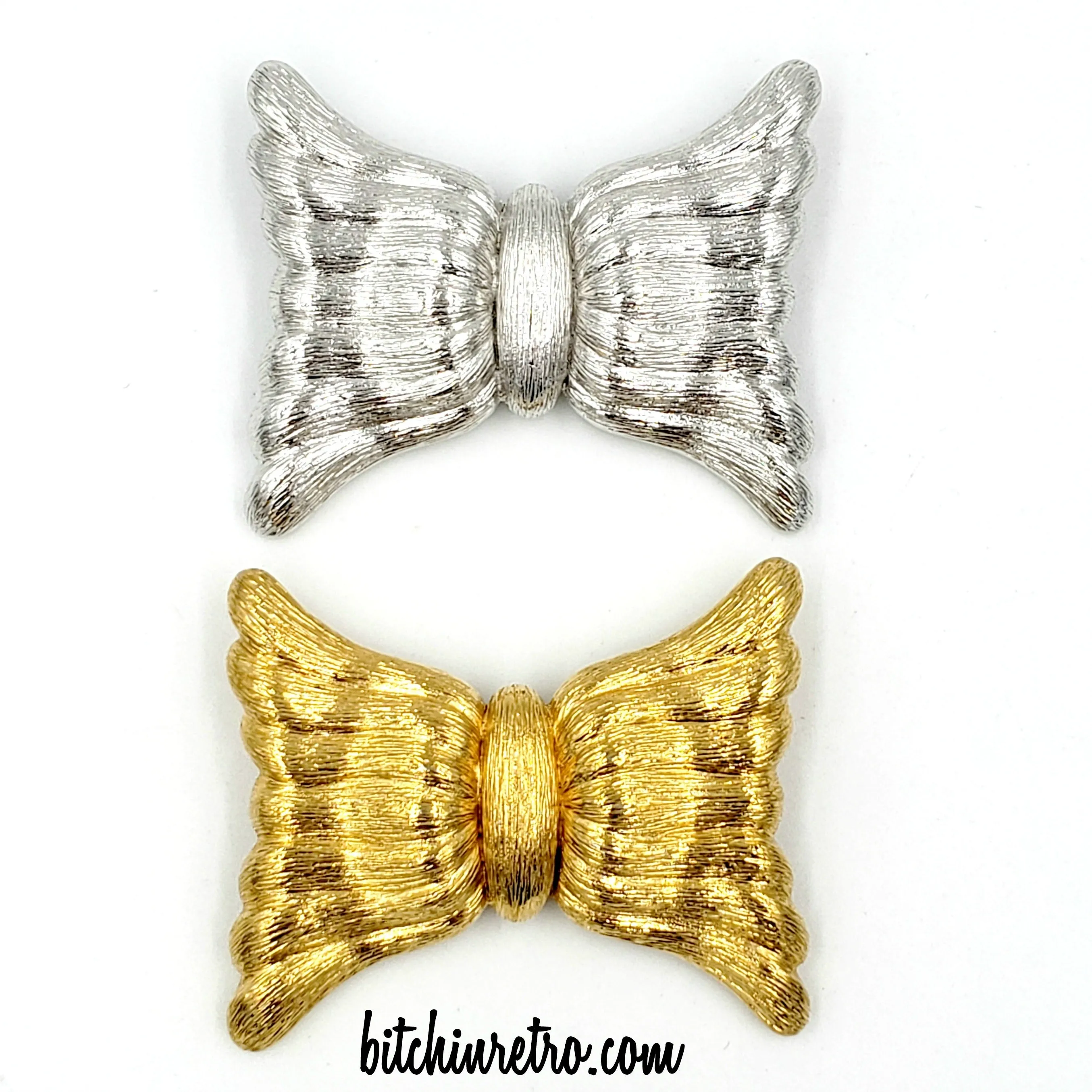 Monet Vintage Brooch Set Modernistic Bow in Silver and Gold
