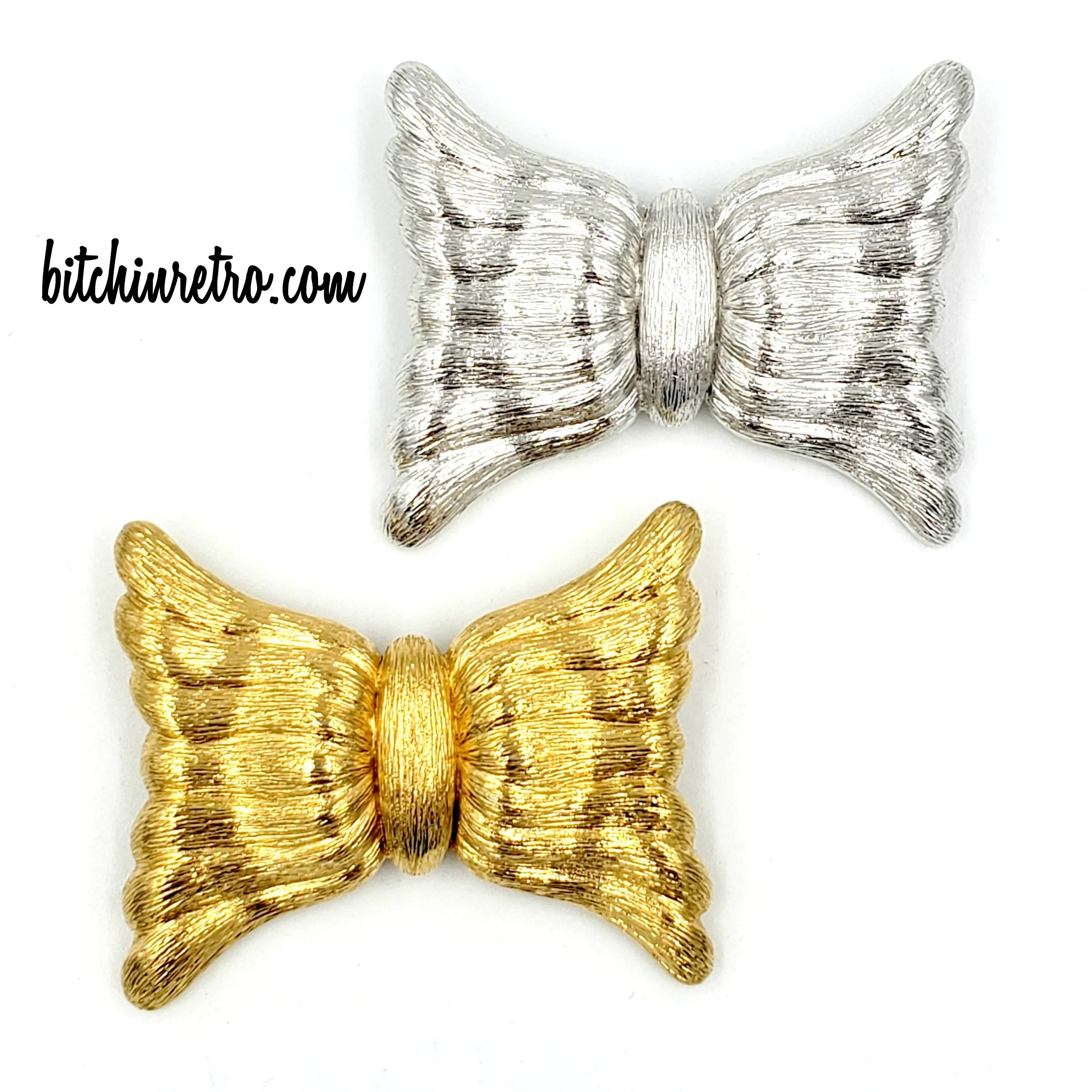 Monet Vintage Brooch Set Modernistic Bow in Silver and Gold