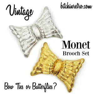 Monet Vintage Brooch Set Modernistic Bow in Silver and Gold