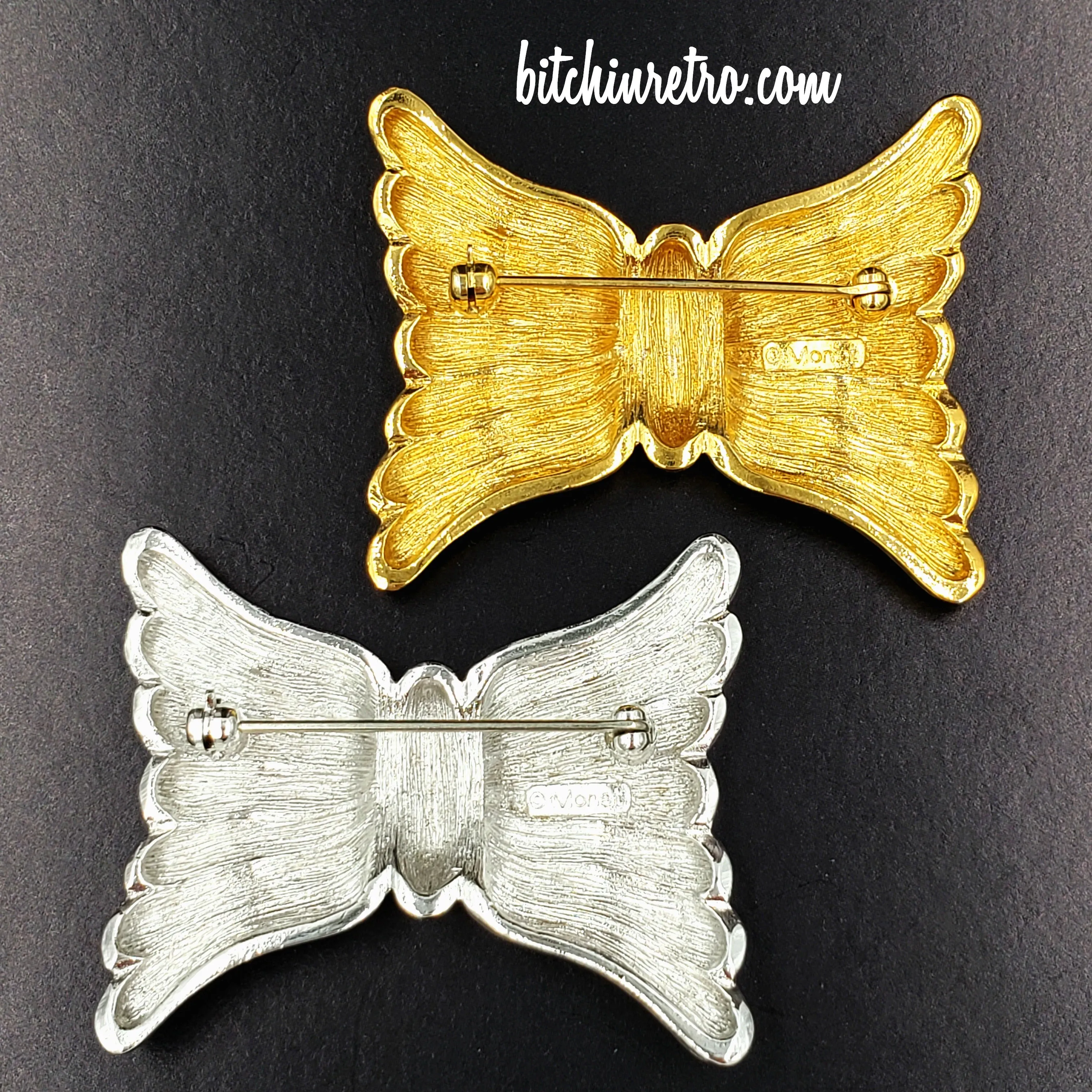Monet Vintage Brooch Set Modernistic Bow in Silver and Gold