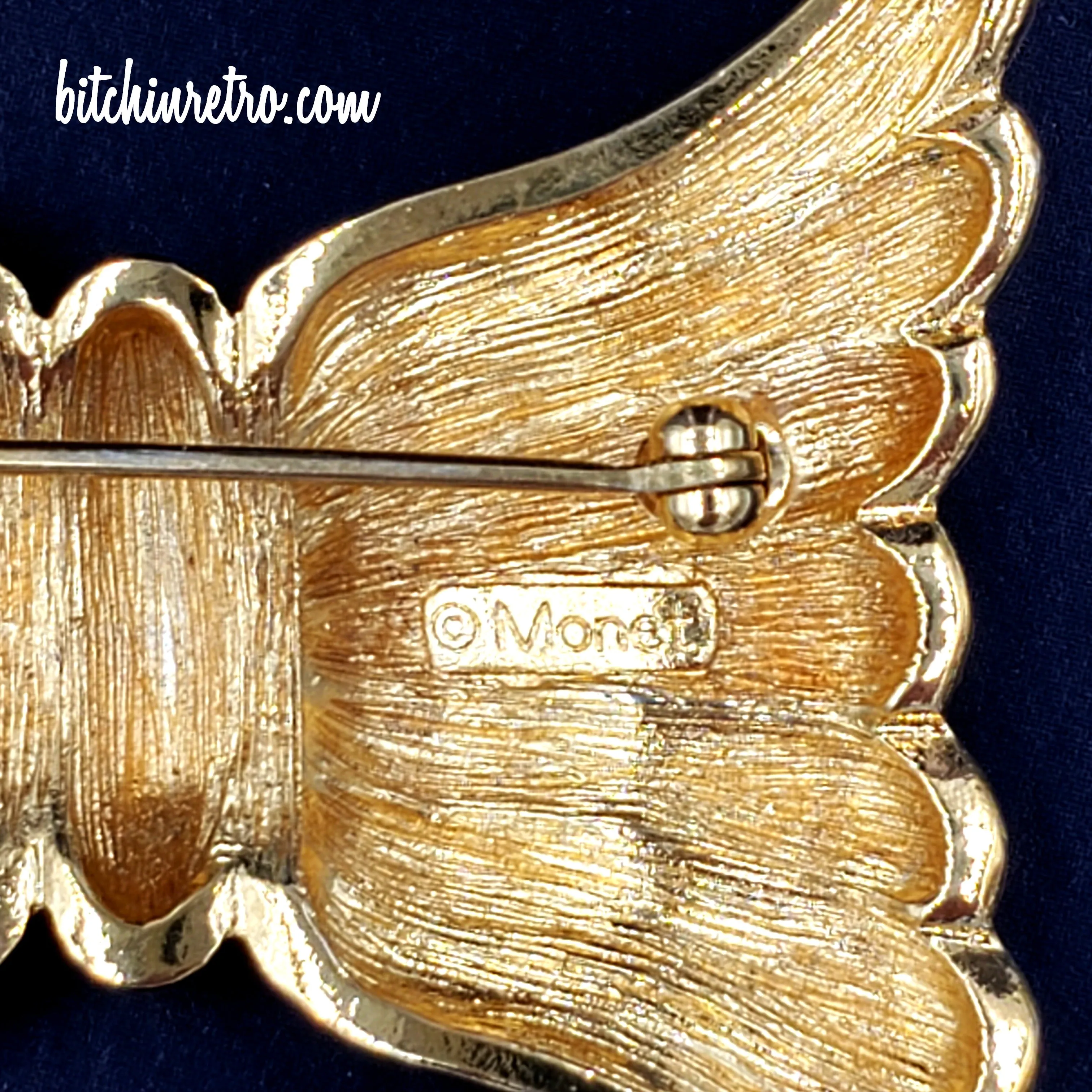 Monet Vintage Brooch Set Modernistic Bow in Silver and Gold