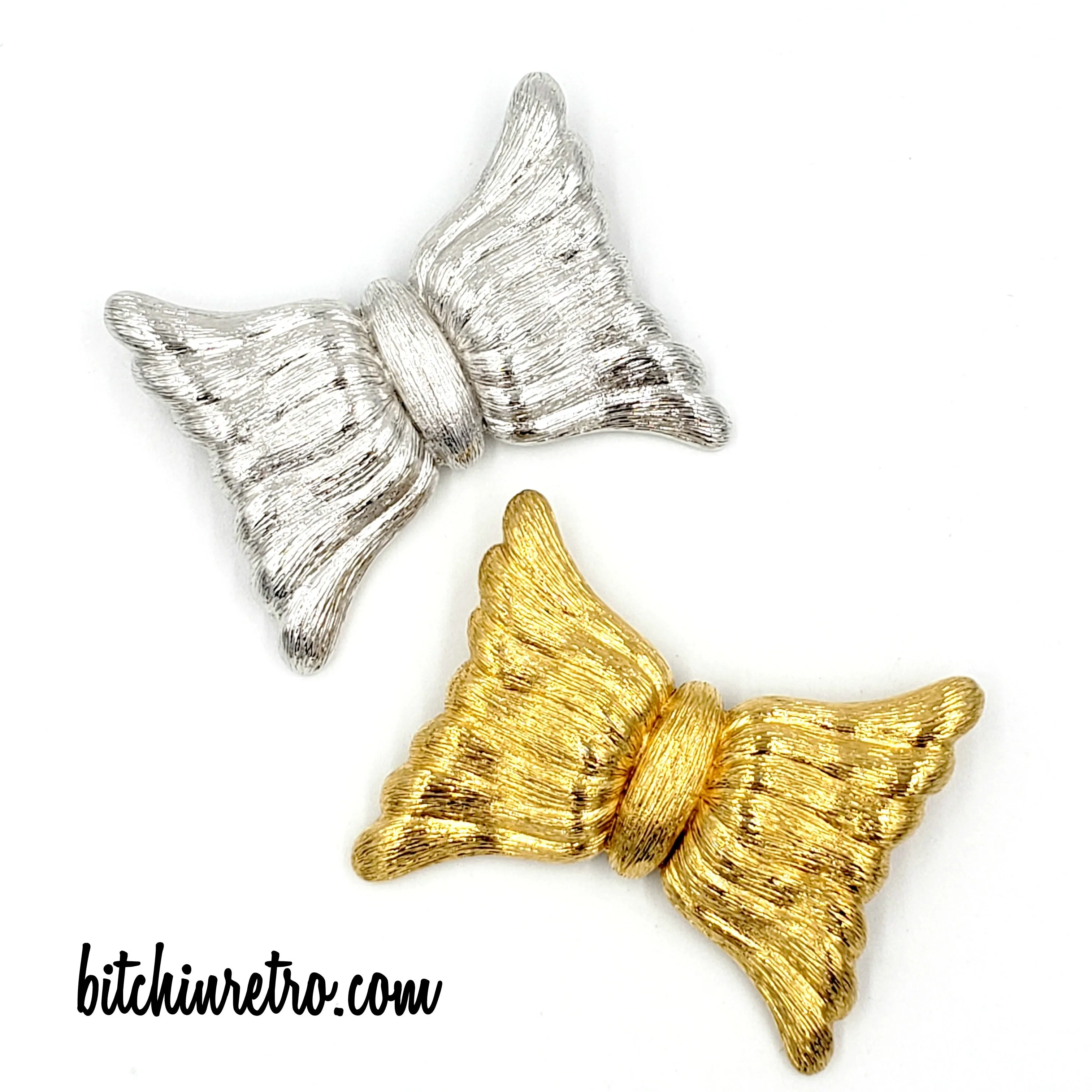 Monet Vintage Brooch Set Modernistic Bow in Silver and Gold