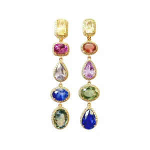 Multi Linear Drop Earrings with Rainbow Sapphires & Diamonds