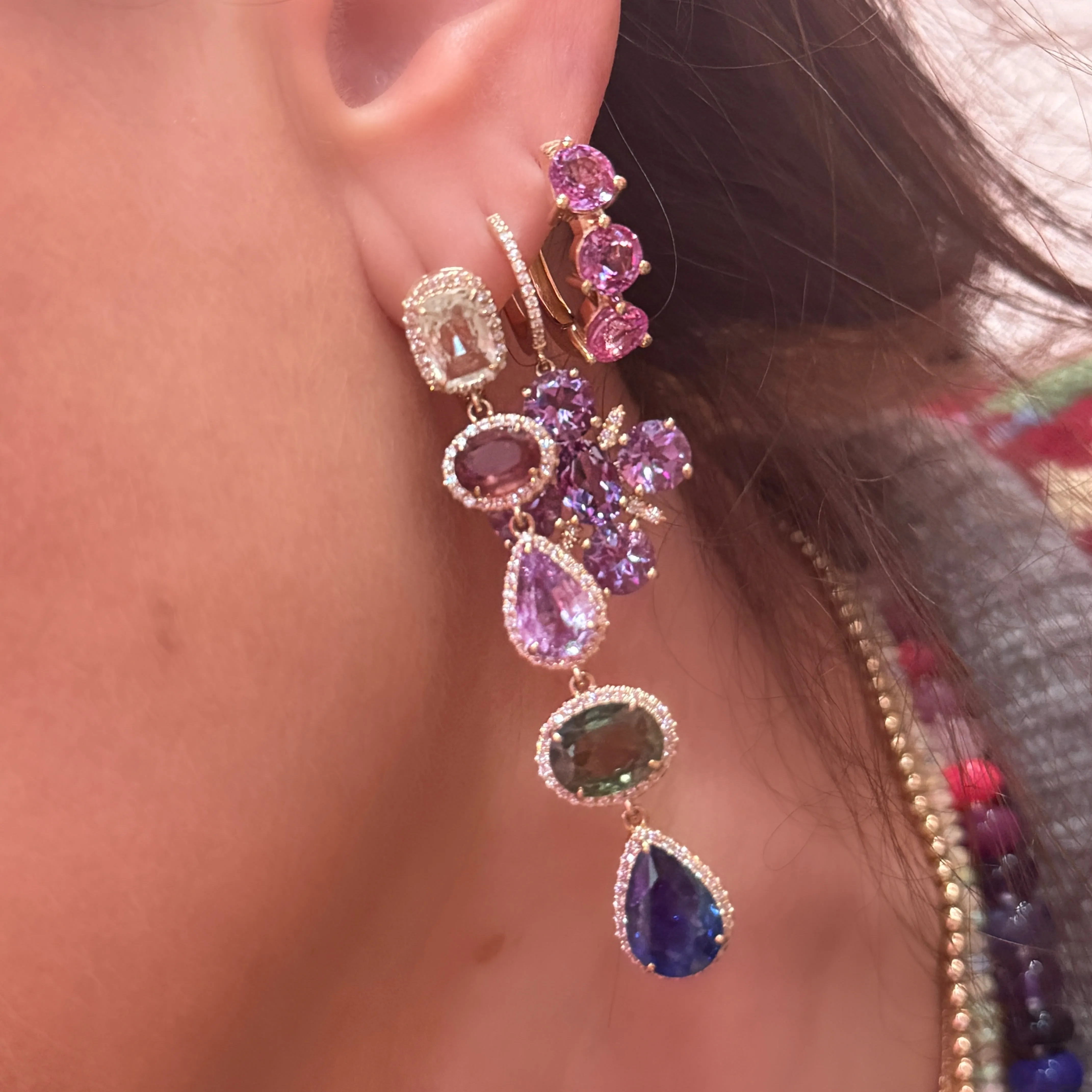 Multi Linear Drop Earrings with Rainbow Sapphires & Diamonds