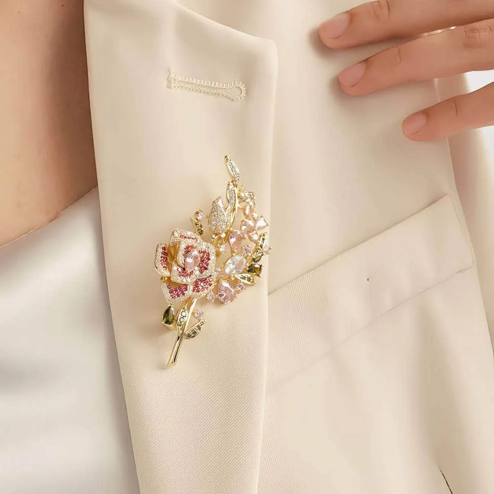 Multicolor Crystal Rose Gold Flower Brooch