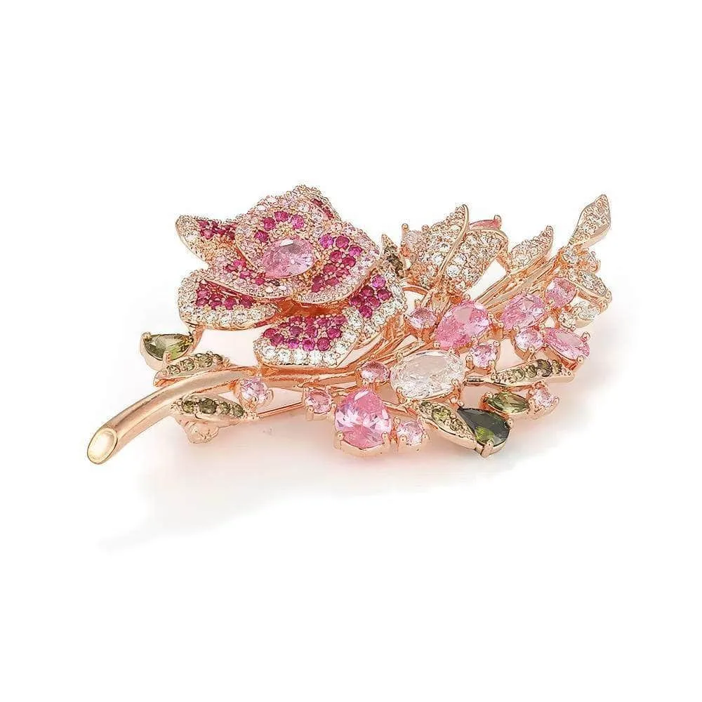 Multicolor Crystal Rose Gold Flower Brooch