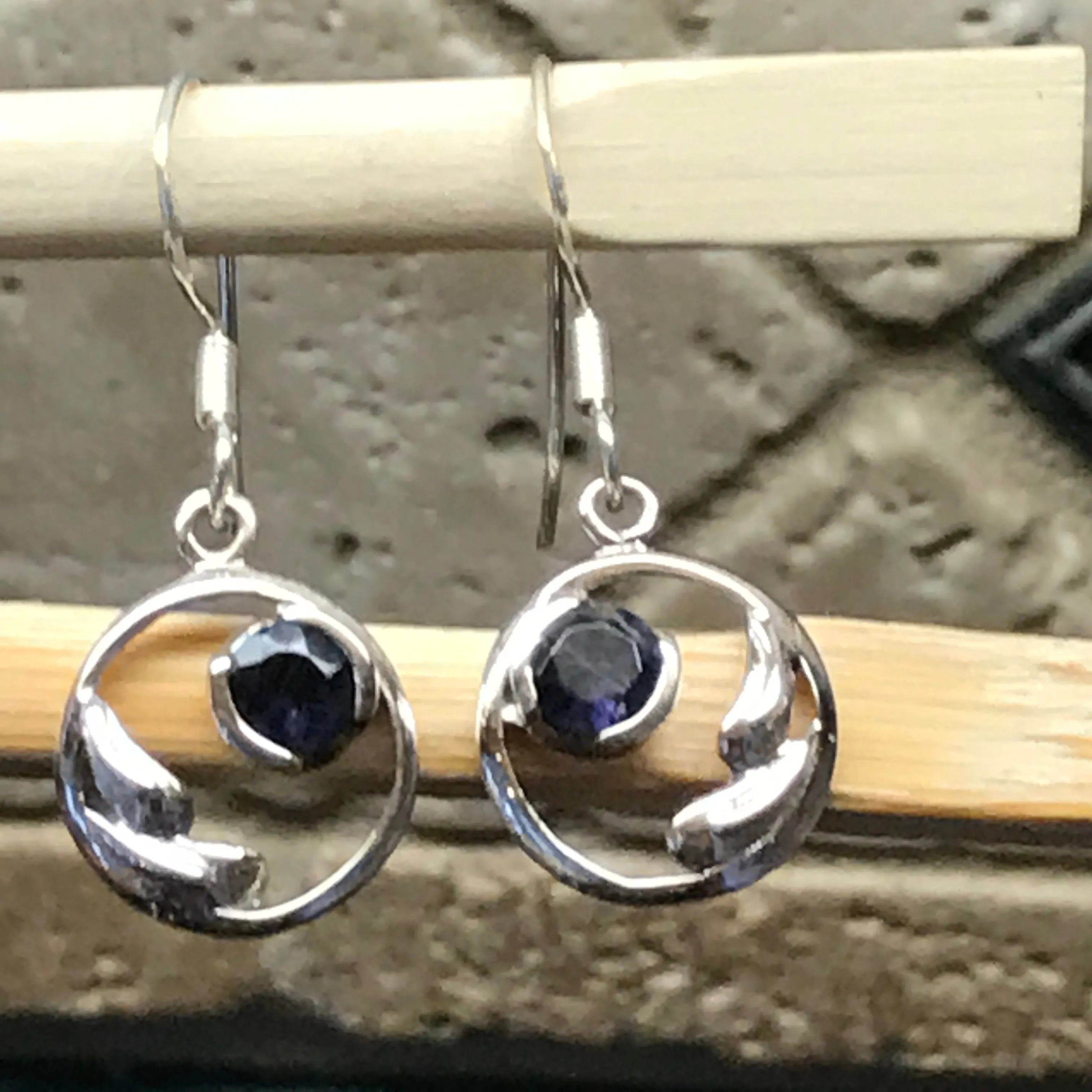 Natural 1ct Iolite 925 Solid Sterling Silver Earrings 25mm