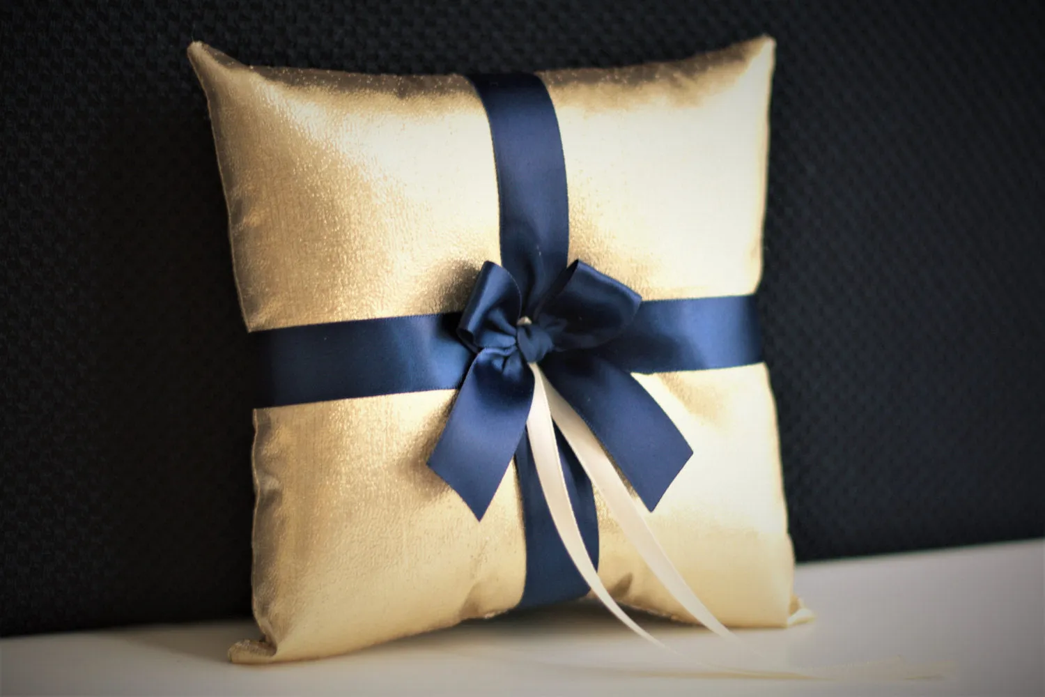 Navy Gold Flower Girl Basket and Ring Bearer Pillow Wedding Set