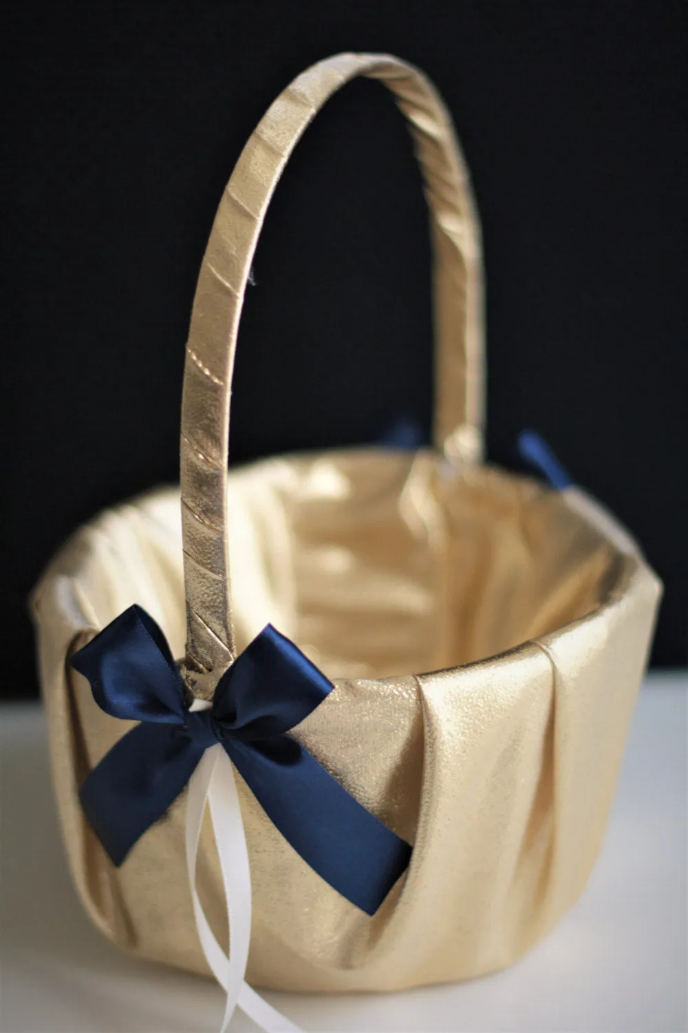 Navy Gold Flower Girl Basket and Ring Bearer Pillow Wedding Set
