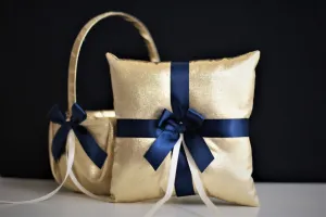 Navy Gold Flower Girl Basket and Ring Bearer Pillow Wedding Set