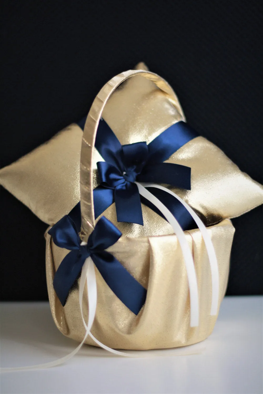 Navy Gold Flower Girl Basket and Ring Bearer Pillow Wedding Set