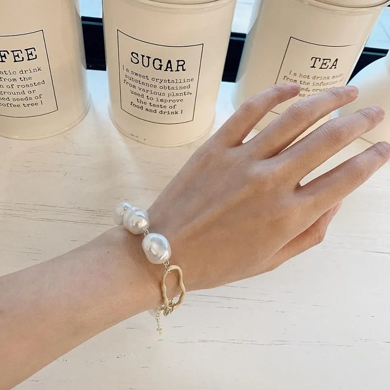 New Handmade Imitation Pearls Gold Metal Link Chain Bracelets for Women Girl Summer Party Luxury Jewelry Gift