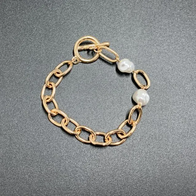 New Handmade Imitation Pearls Gold Metal Link Chain Bracelets for Women Girl Summer Party Luxury Jewelry Gift