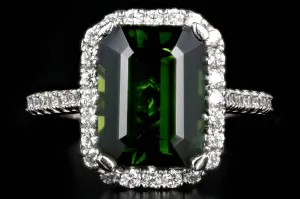 New Platinum 5.65 Carat Green Tourmaline and Diamond Halo Ring