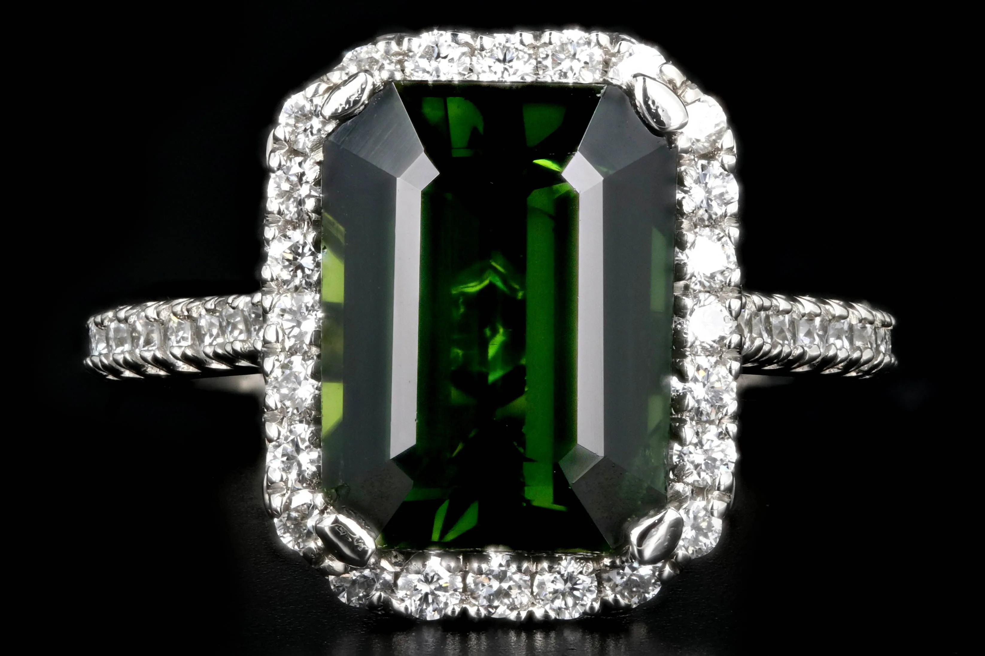 New Platinum 5.65 Carat Green Tourmaline and Diamond Halo Ring