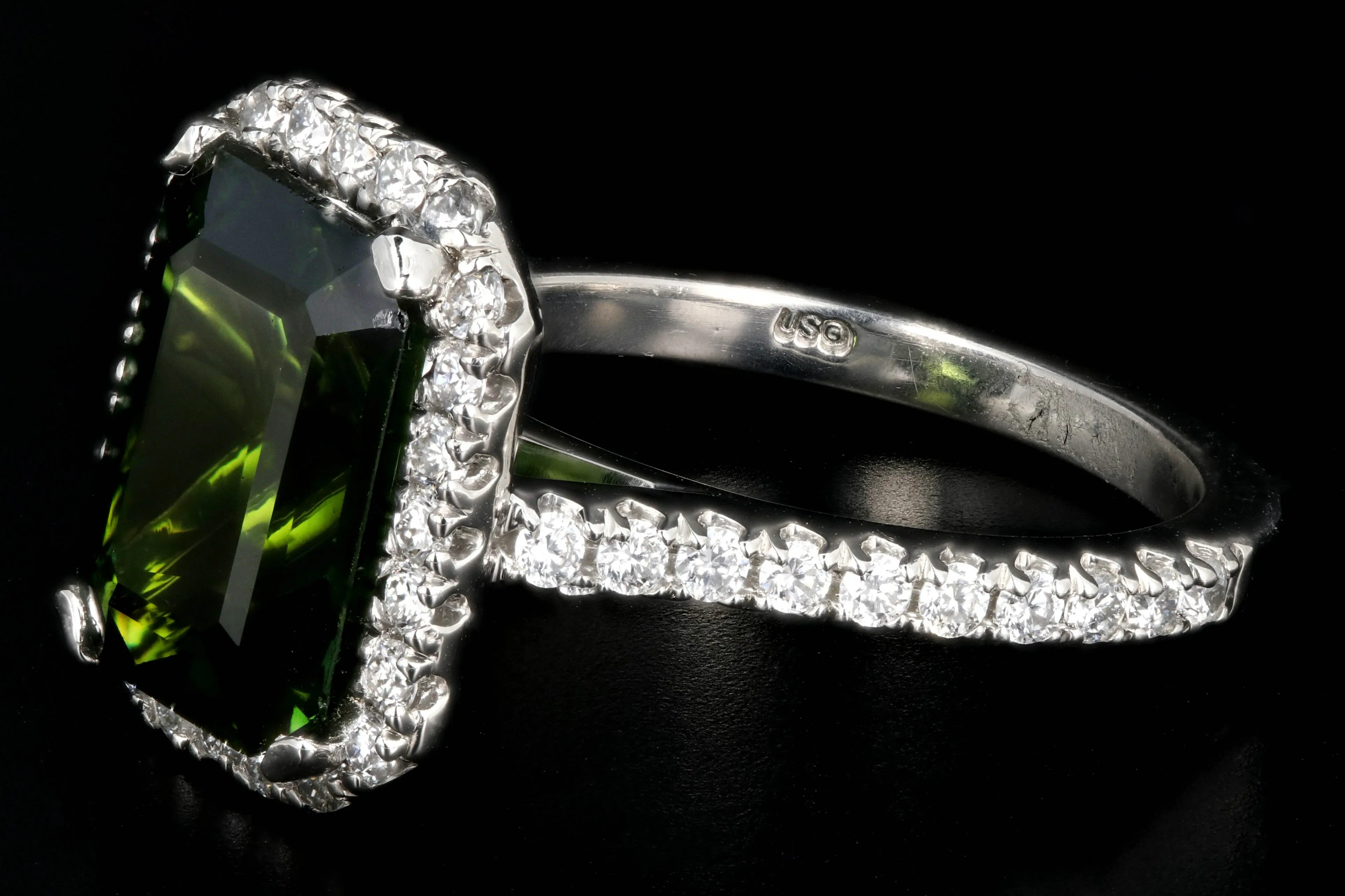 New Platinum 5.65 Carat Green Tourmaline and Diamond Halo Ring