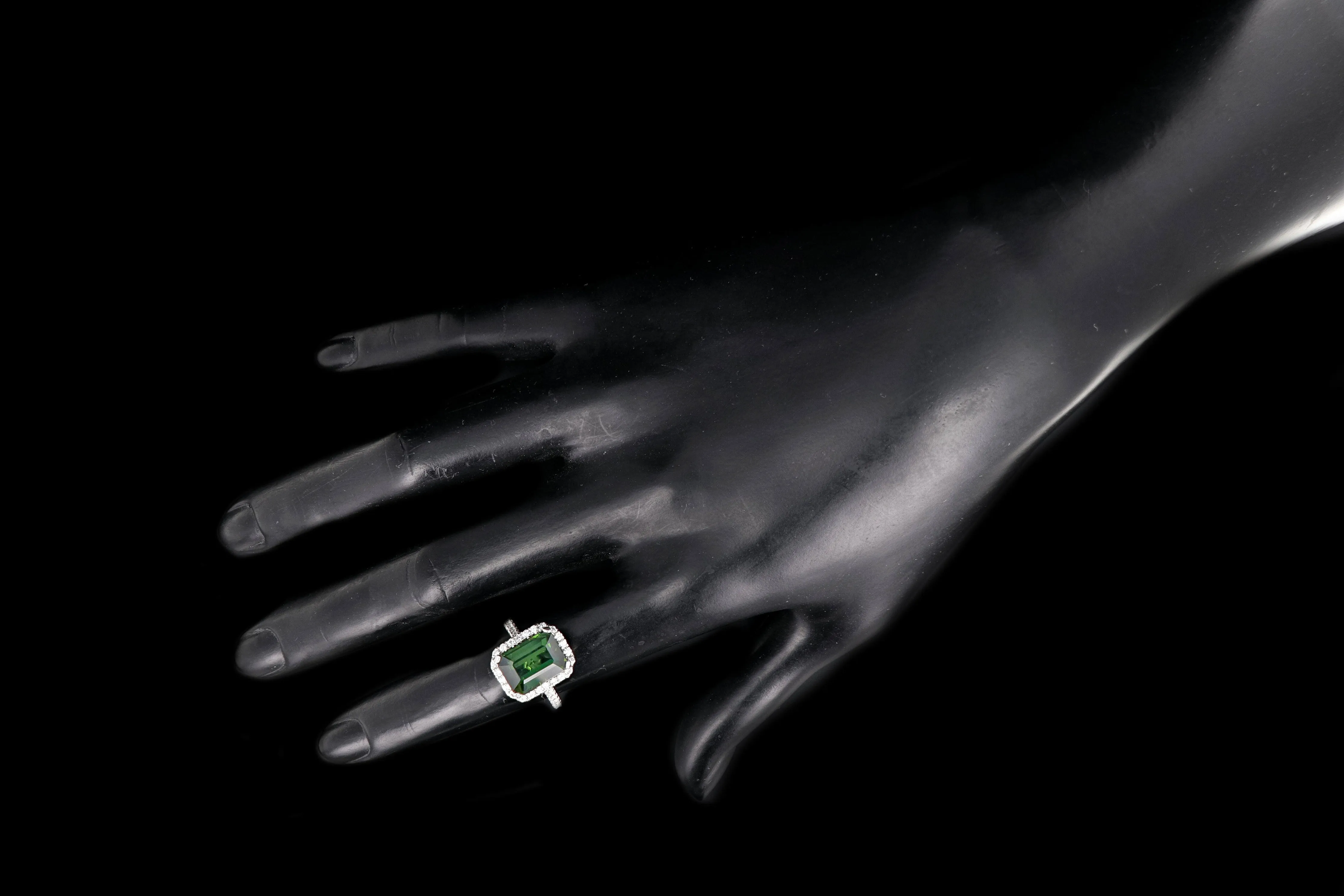 New Platinum 5.65 Carat Green Tourmaline and Diamond Halo Ring