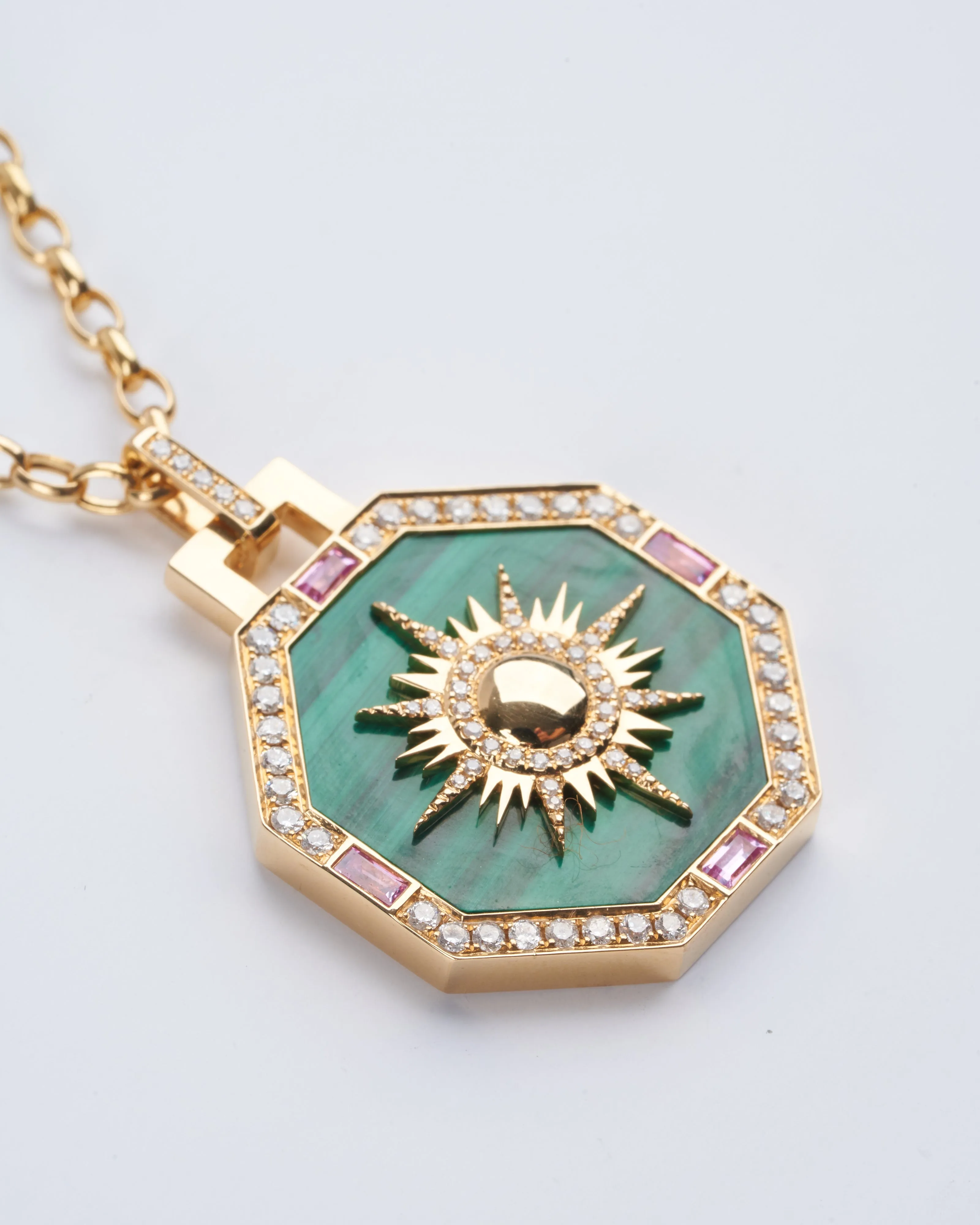 octagonal sole pendant- malachite/ sapphire/ diamond