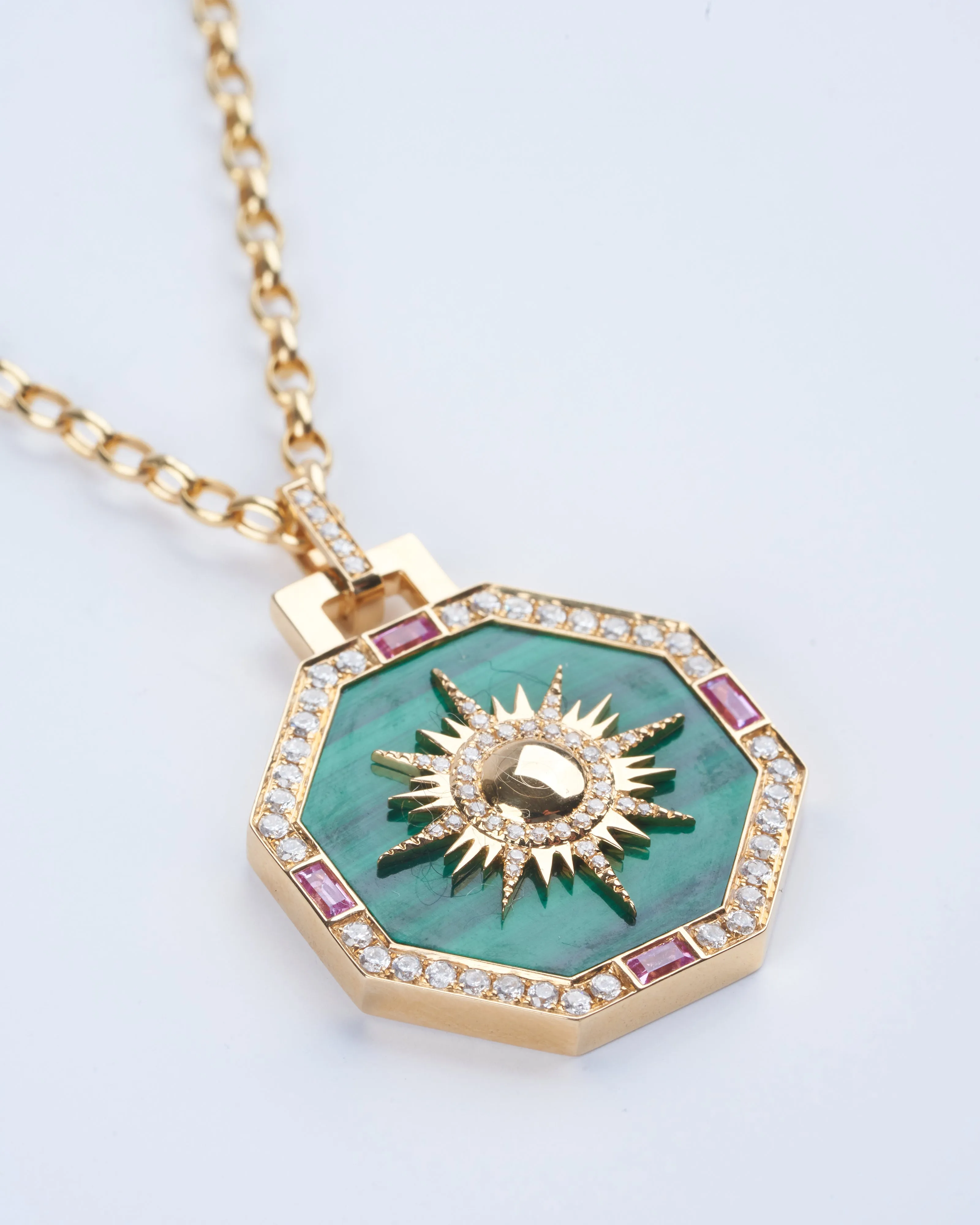 octagonal sole pendant- malachite/ sapphire/ diamond
