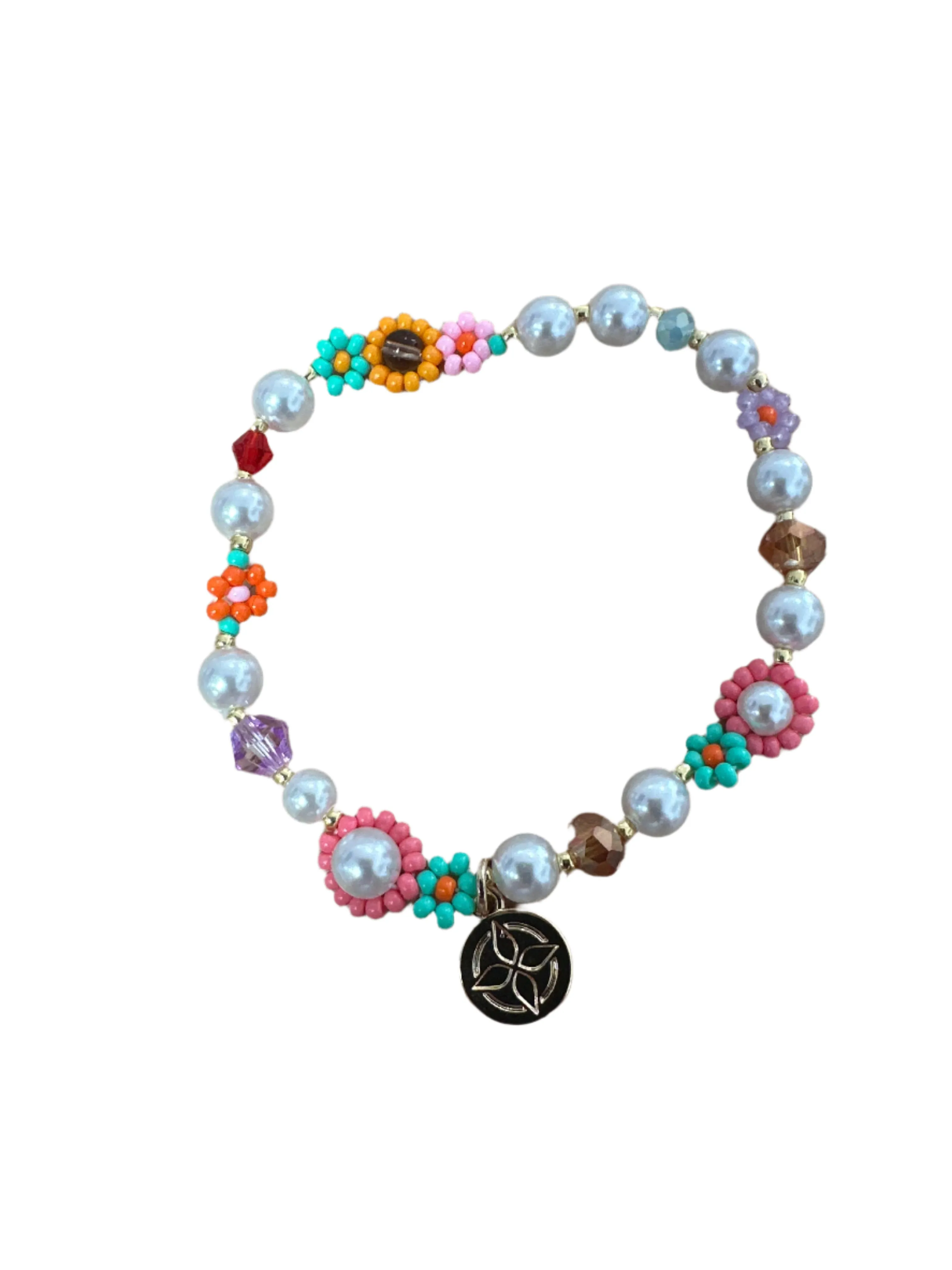 Orange, Teal, Pink Flower & Pearl Beaded Bracelet with Seed Bead & Faceted Accents