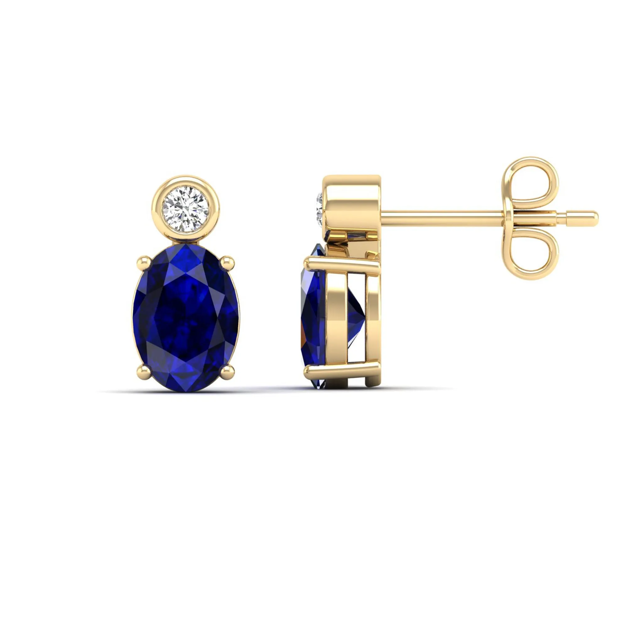 Oval Sapphire and Bezel-Set Diamond Studs Earrings