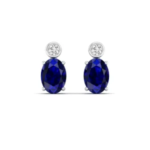Oval Sapphire and Bezel-Set Diamond Studs Earrings