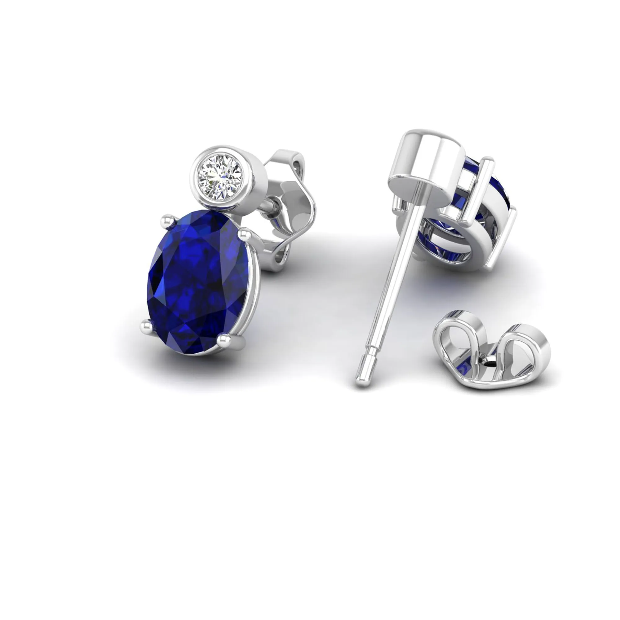 Oval Sapphire and Bezel-Set Diamond Studs Earrings