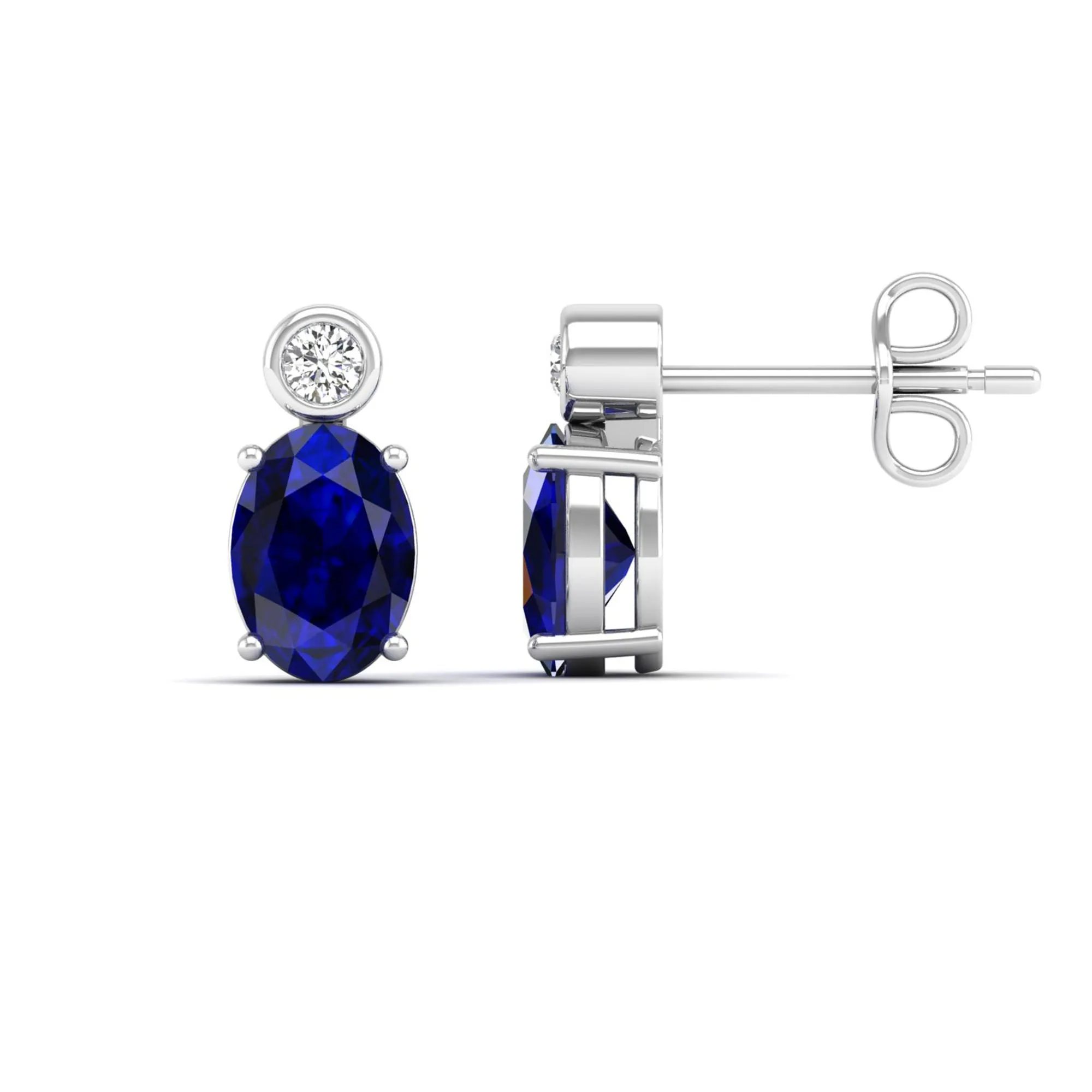 Oval Sapphire and Bezel-Set Diamond Studs Earrings