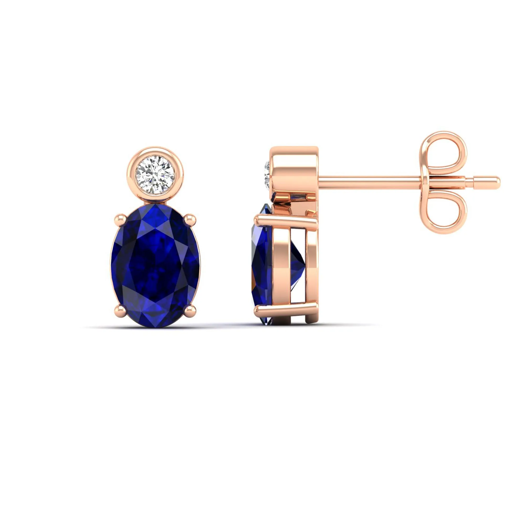 Oval Sapphire and Bezel-Set Diamond Studs Earrings