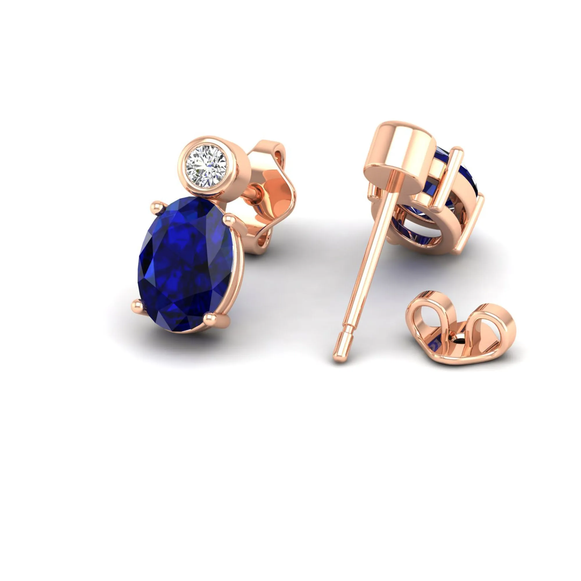 Oval Sapphire and Bezel-Set Diamond Studs Earrings