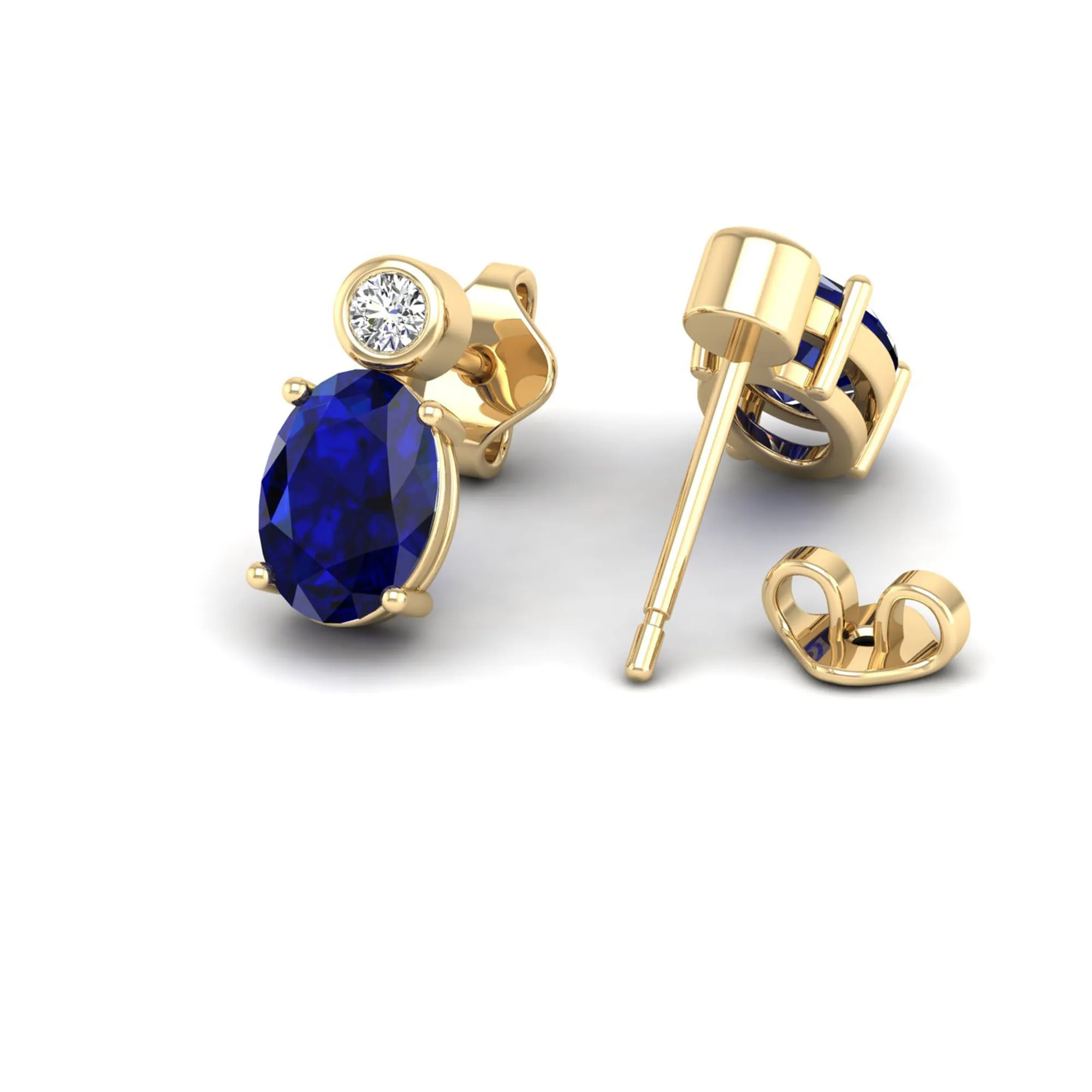 Oval Sapphire and Bezel-Set Diamond Studs Earrings