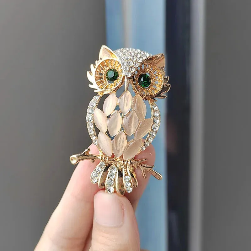 Owl Brooches Sparkling Crystal Opal Stone