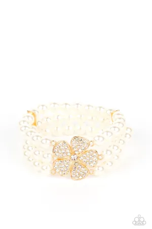 Park Avenue Orchard - Gold - White Rhinestone Flower Pearl Paparazzi Stretchy Bracelet