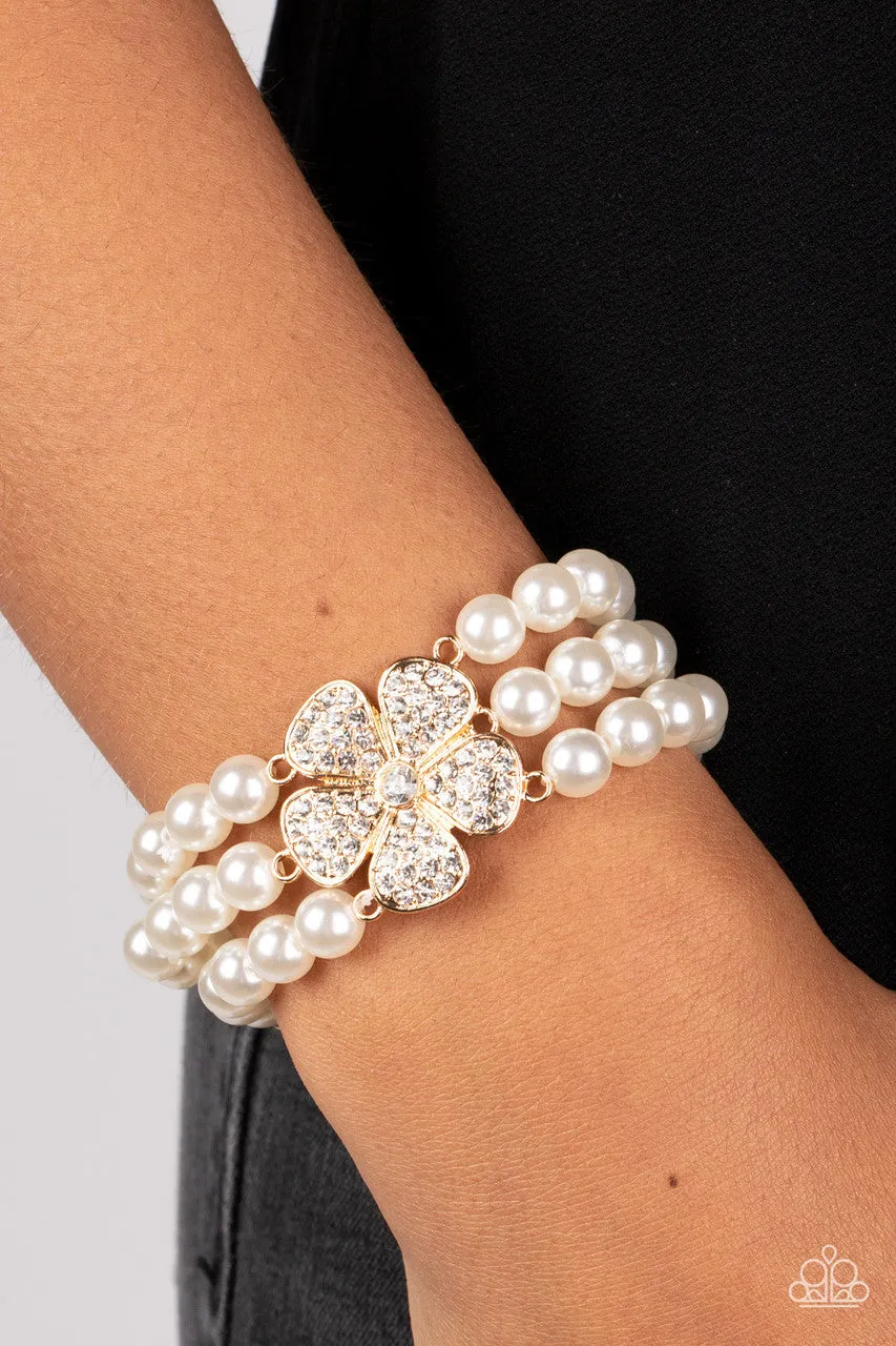 Park Avenue Orchard - Gold - White Rhinestone Flower Pearl Paparazzi Stretchy Bracelet