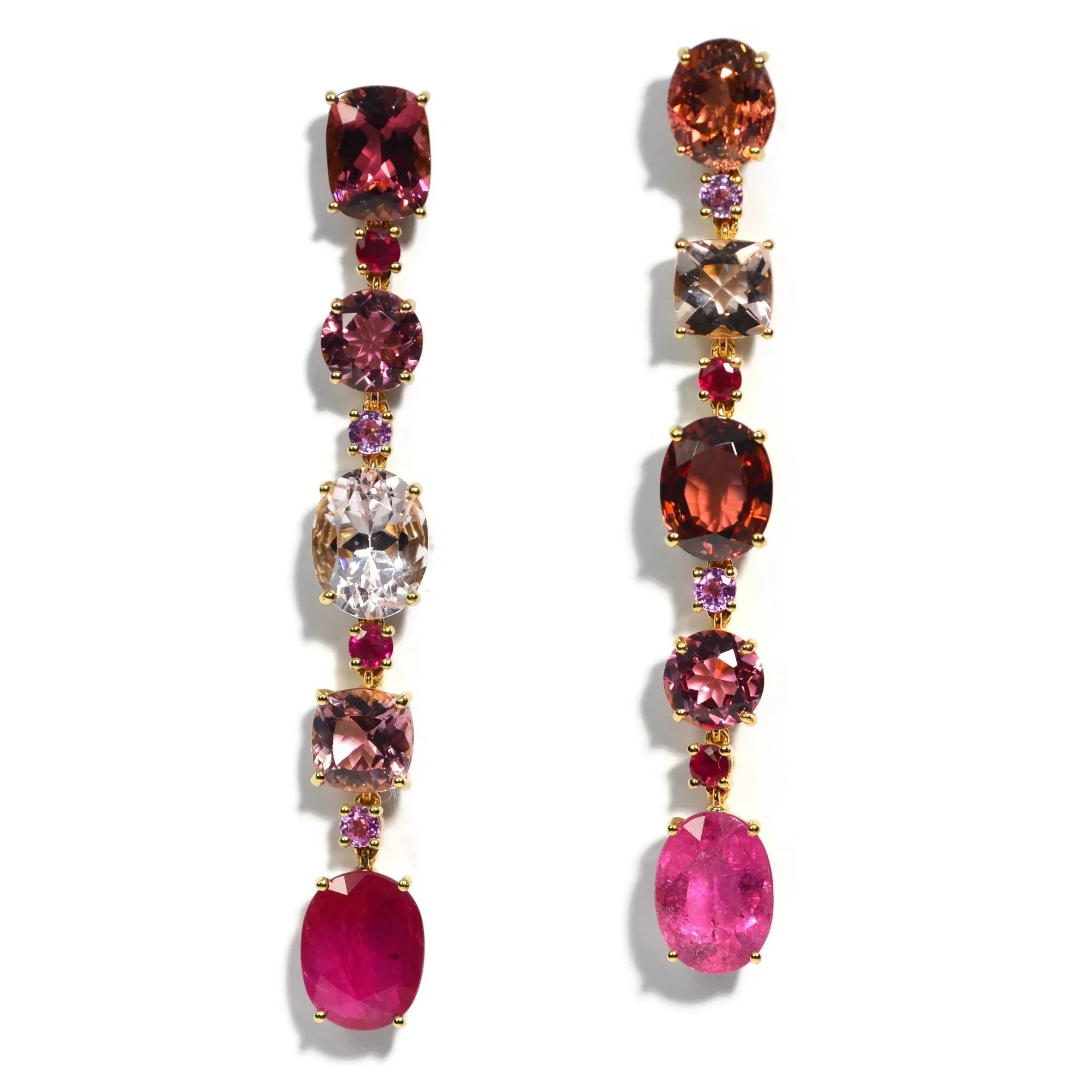 Party - One of a Kind Mismatched Drop Earrings with Rubellite, Morganite, Pink Tourmaline, Rubies and Pink Sapphires, 18k Yellow Gold
