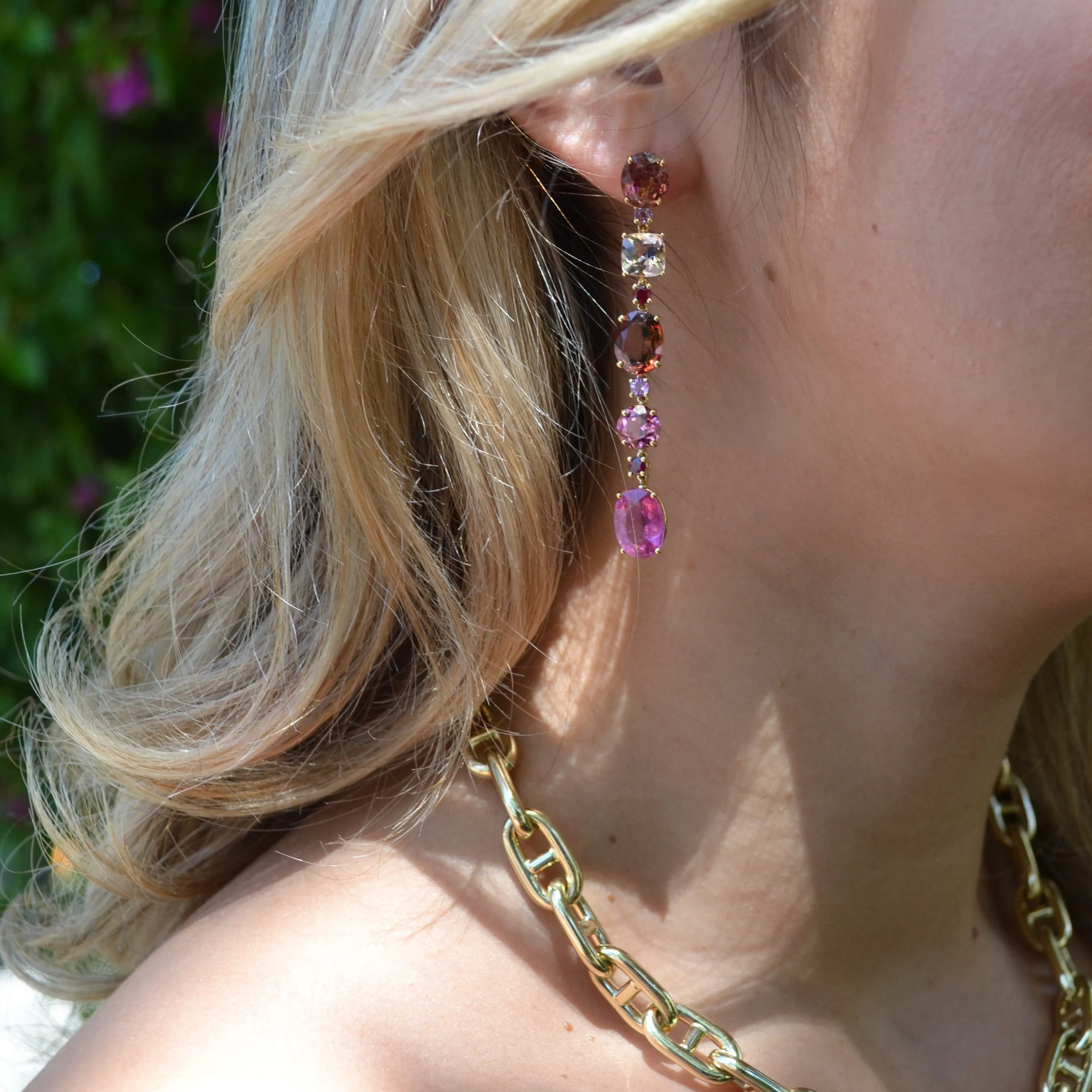 Party - One of a Kind Mismatched Drop Earrings with Rubellite, Morganite, Pink Tourmaline, Rubies and Pink Sapphires, 18k Yellow Gold