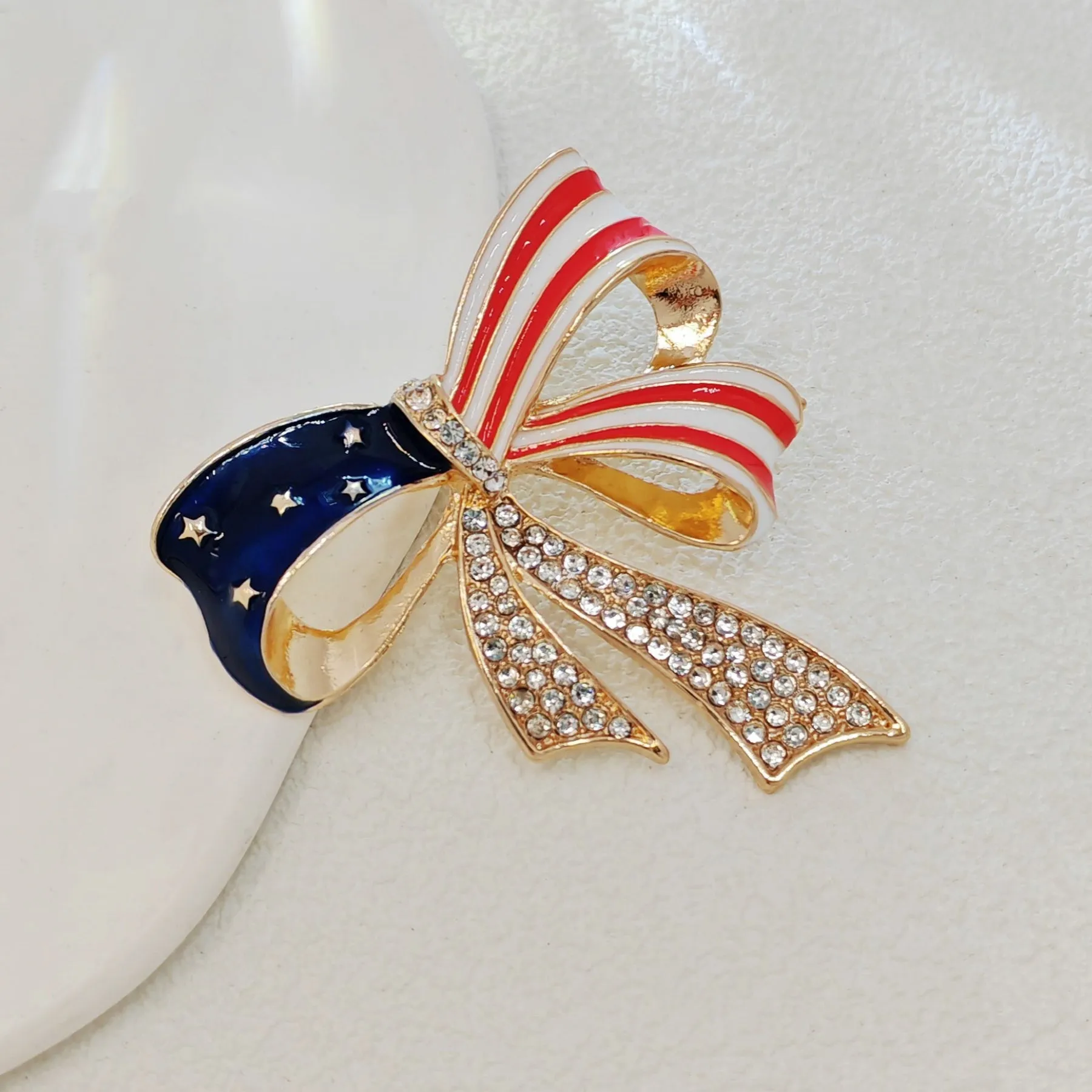 Patriotic USA - Inspired Bow Brooch with Crystal Embellishments