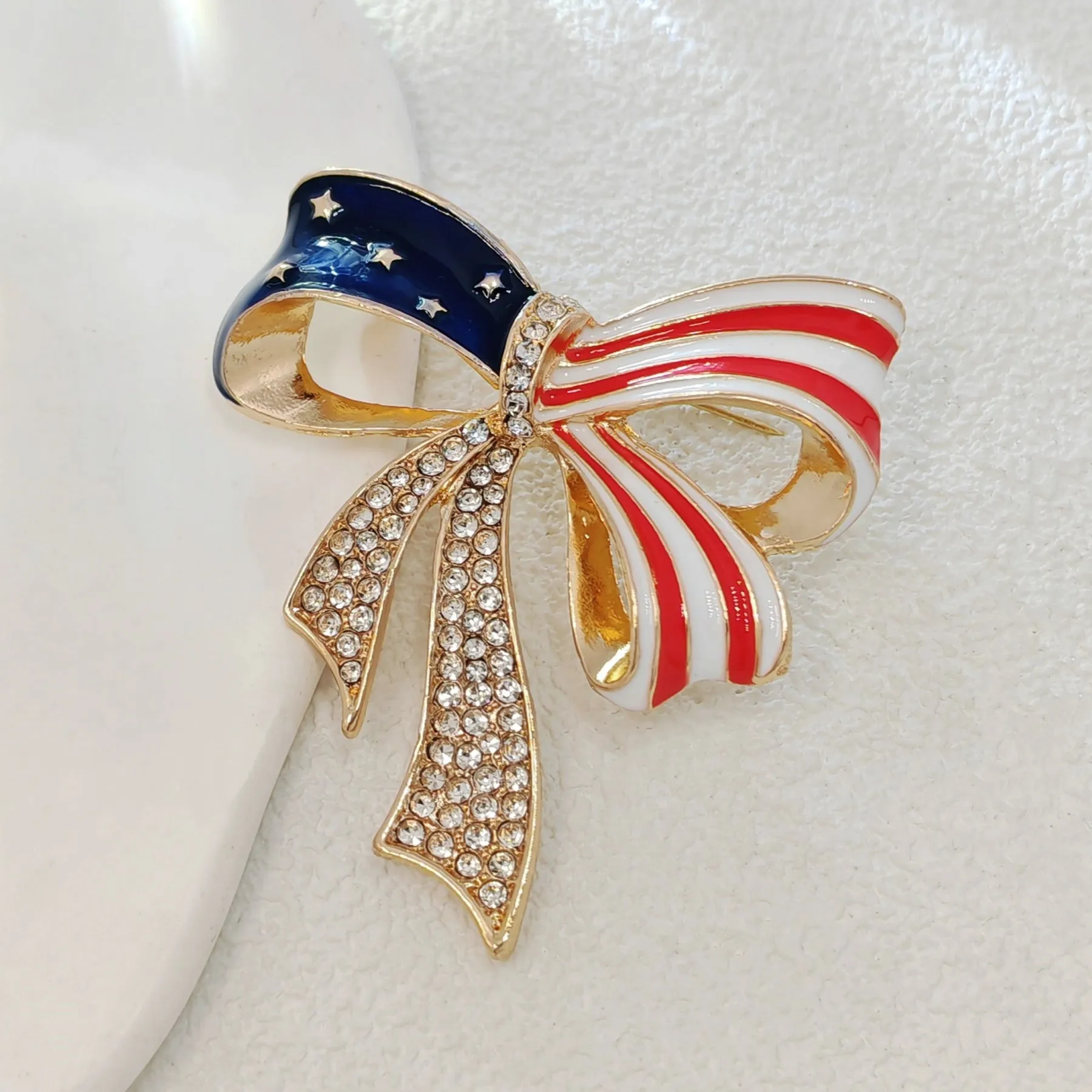 Patriotic USA - Inspired Bow Brooch with Crystal Embellishments