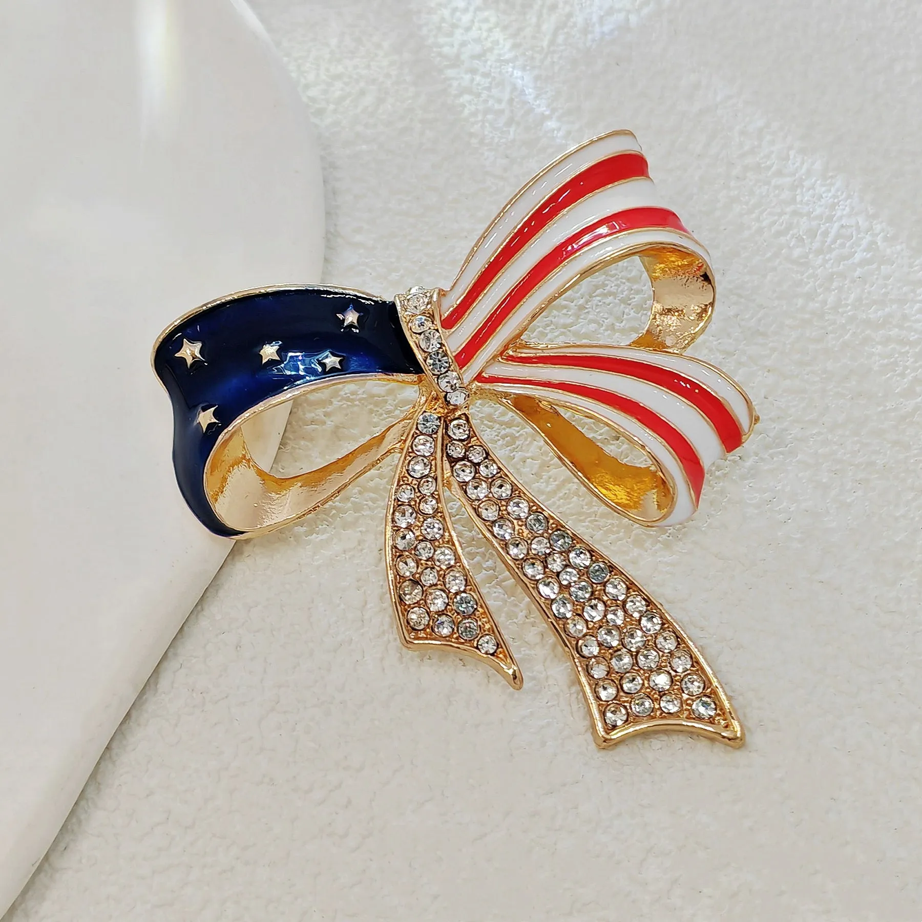 Patriotic USA - Inspired Bow Brooch with Crystal Embellishments