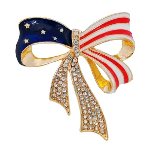 Patriotic USA - Inspired Bow Brooch with Crystal Embellishments