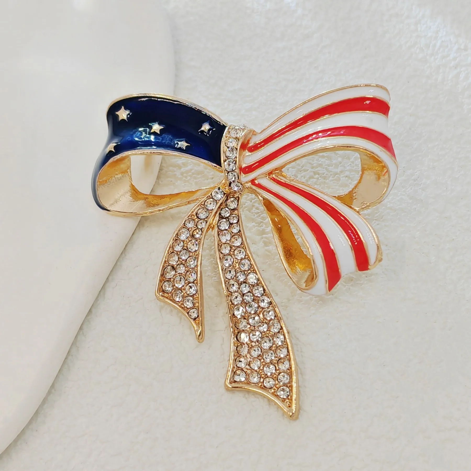 Patriotic USA - Inspired Bow Brooch with Crystal Embellishments