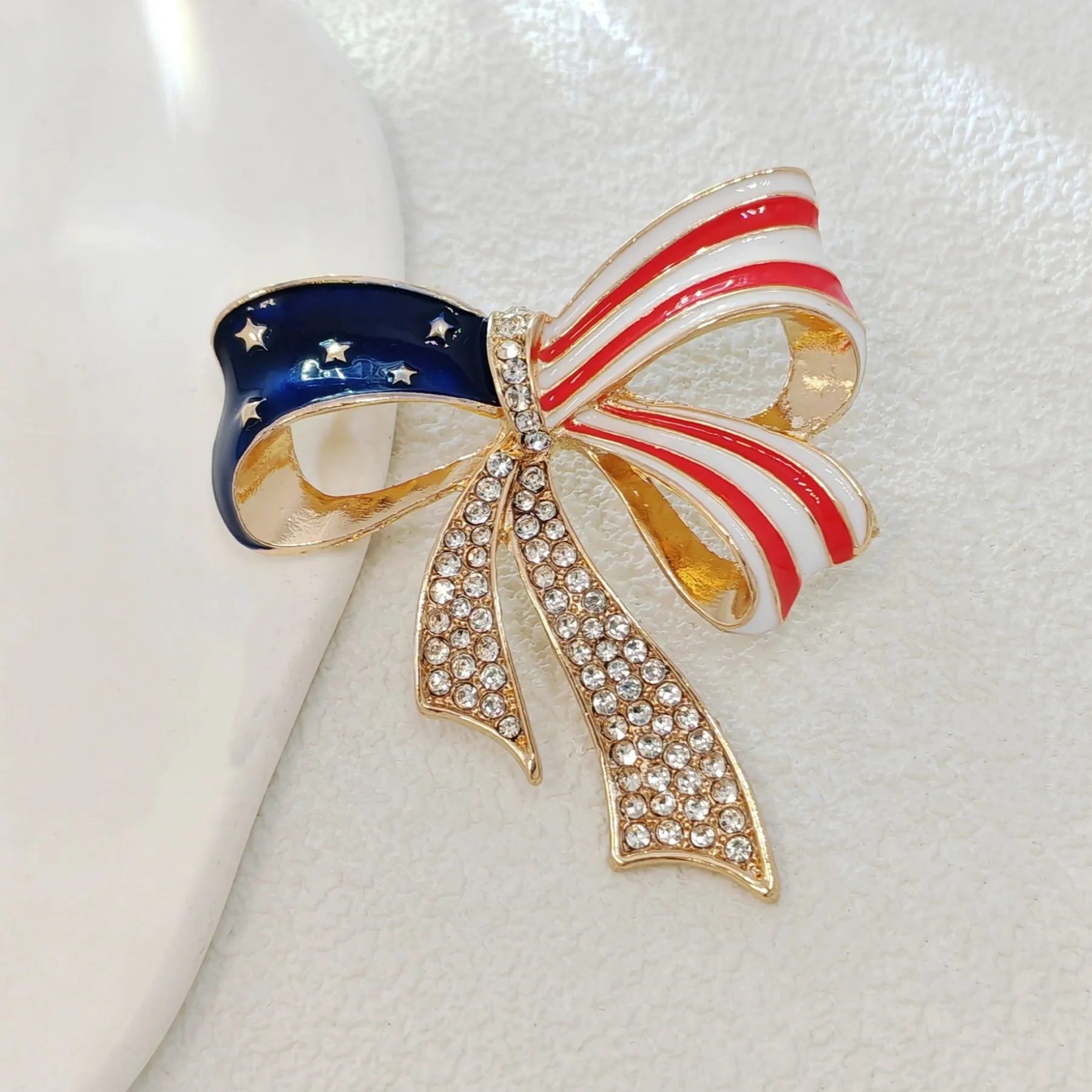Patriotic USA - Inspired Bow Brooch with Crystal Embellishments