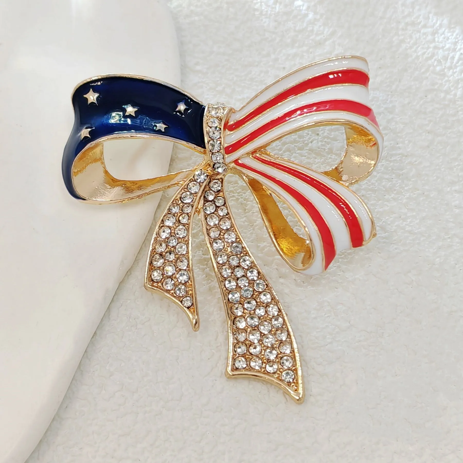 Patriotic USA - Inspired Bow Brooch with Crystal Embellishments