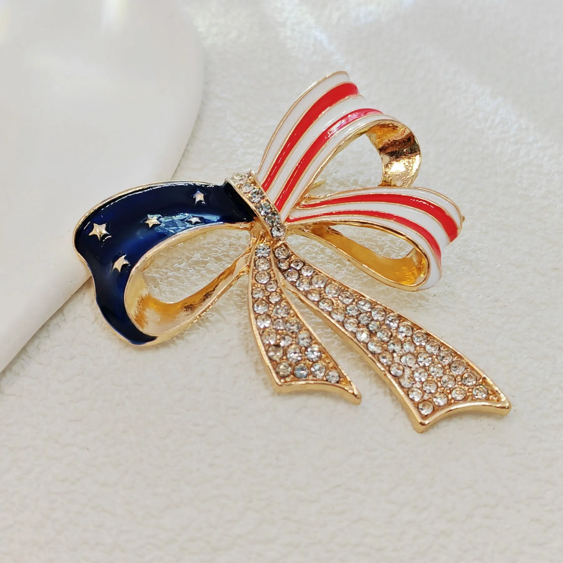 Patriotic USA - Inspired Bow Brooch with Crystal Embellishments
