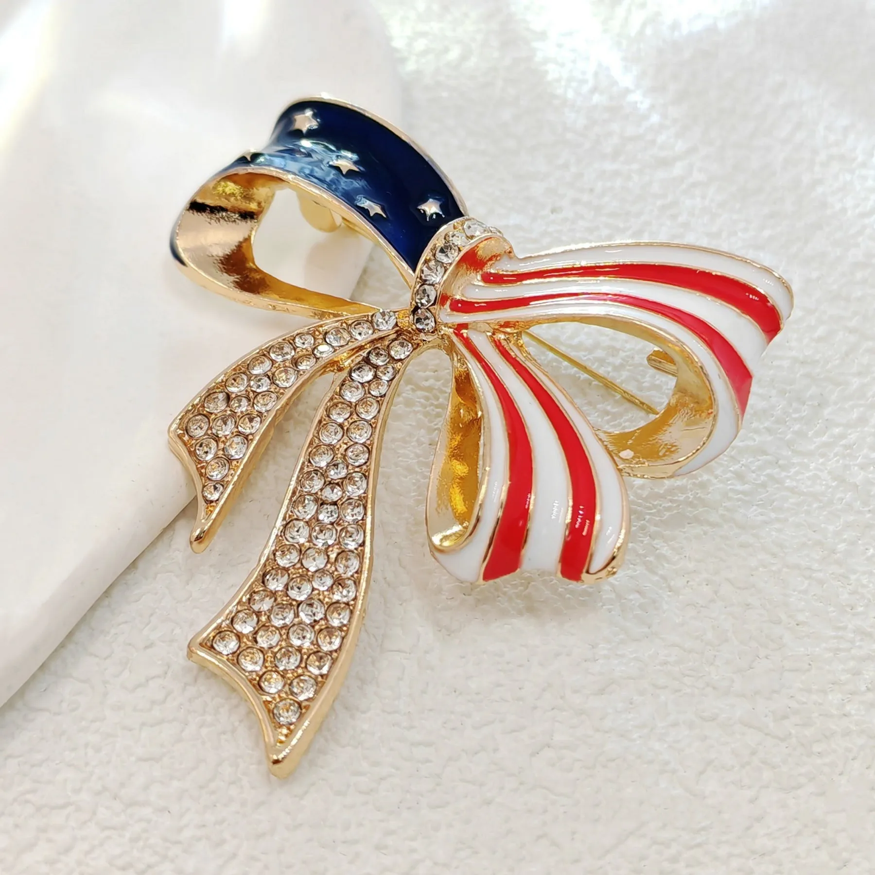 Patriotic USA - Inspired Bow Brooch with Crystal Embellishments
