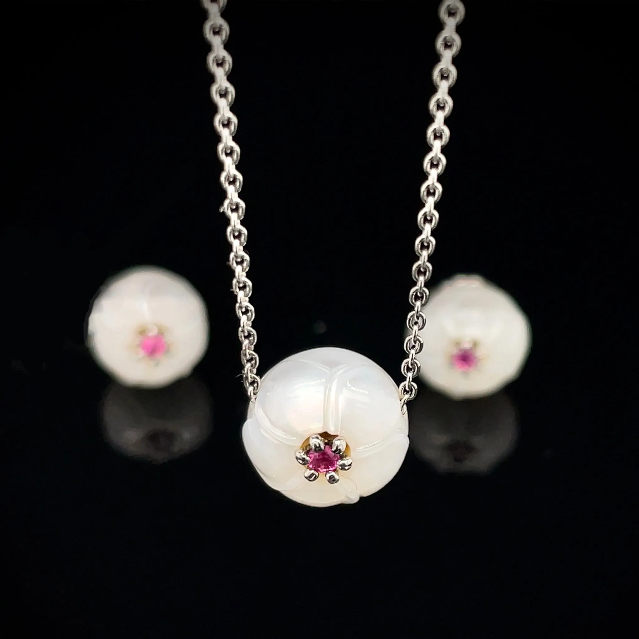 Pearl & Ruby Plumeria Earring & Pendant Set