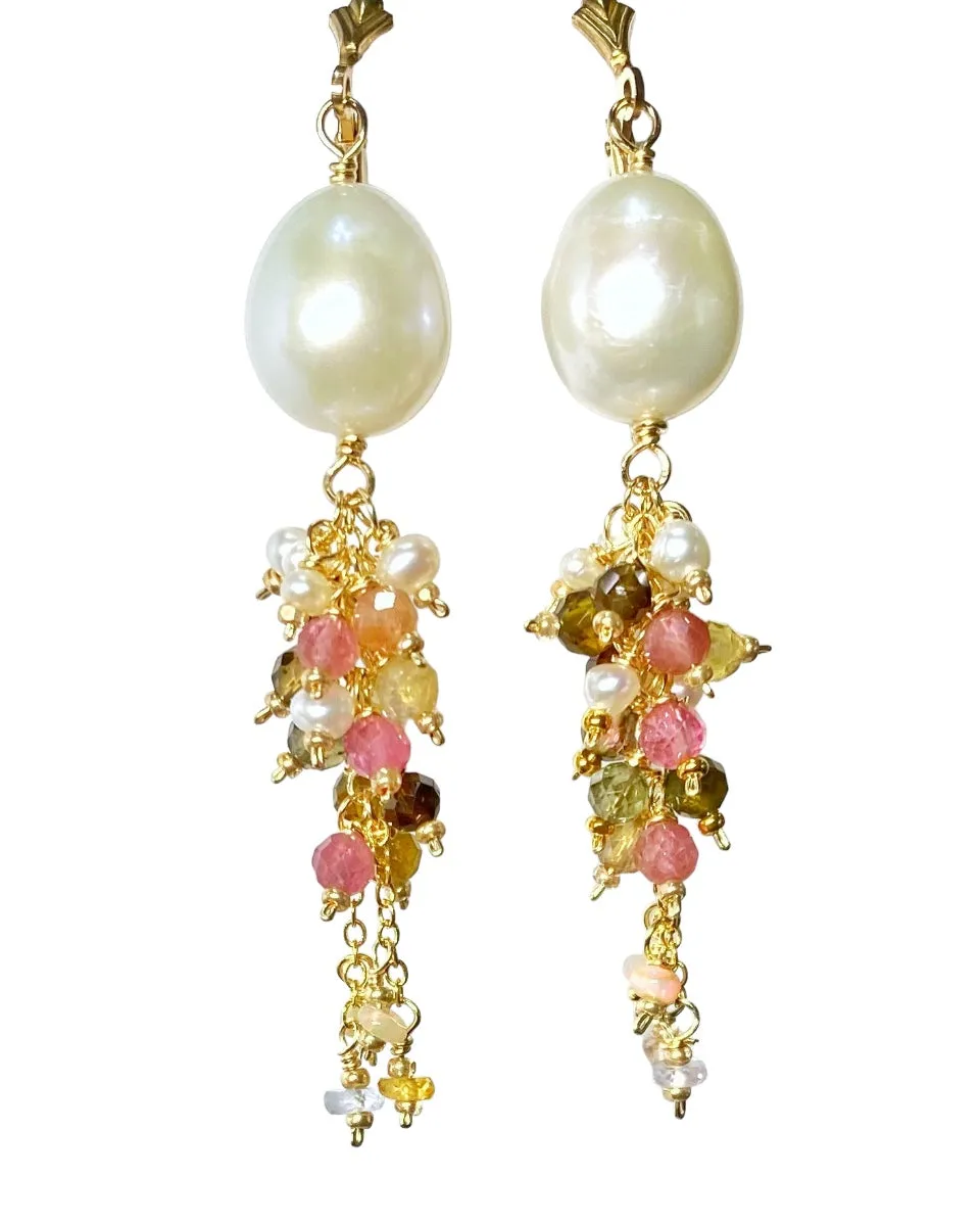 Pearl and Tourmaline Tassel Dangle Earrings