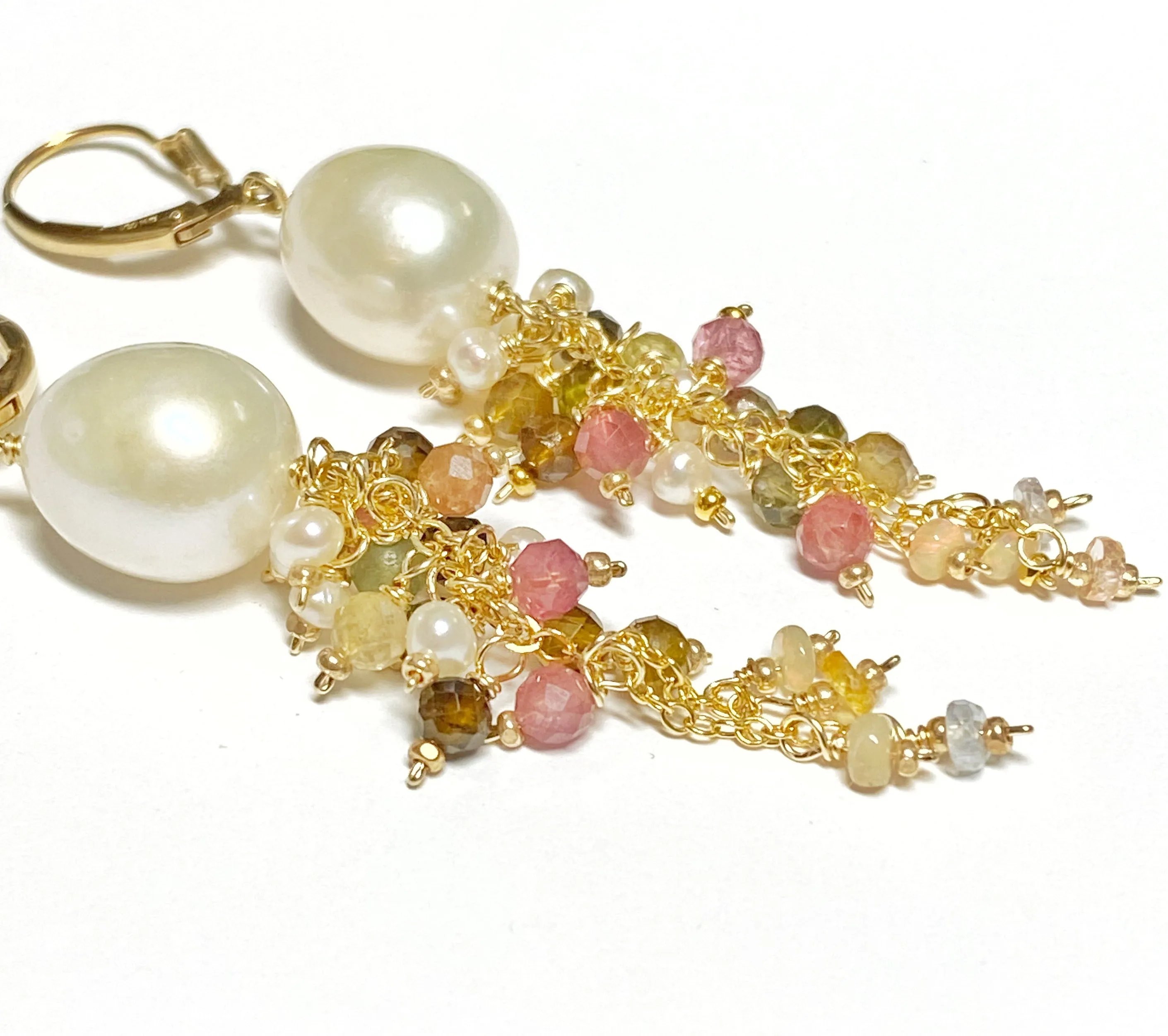 Pearl and Tourmaline Tassel Dangle Earrings