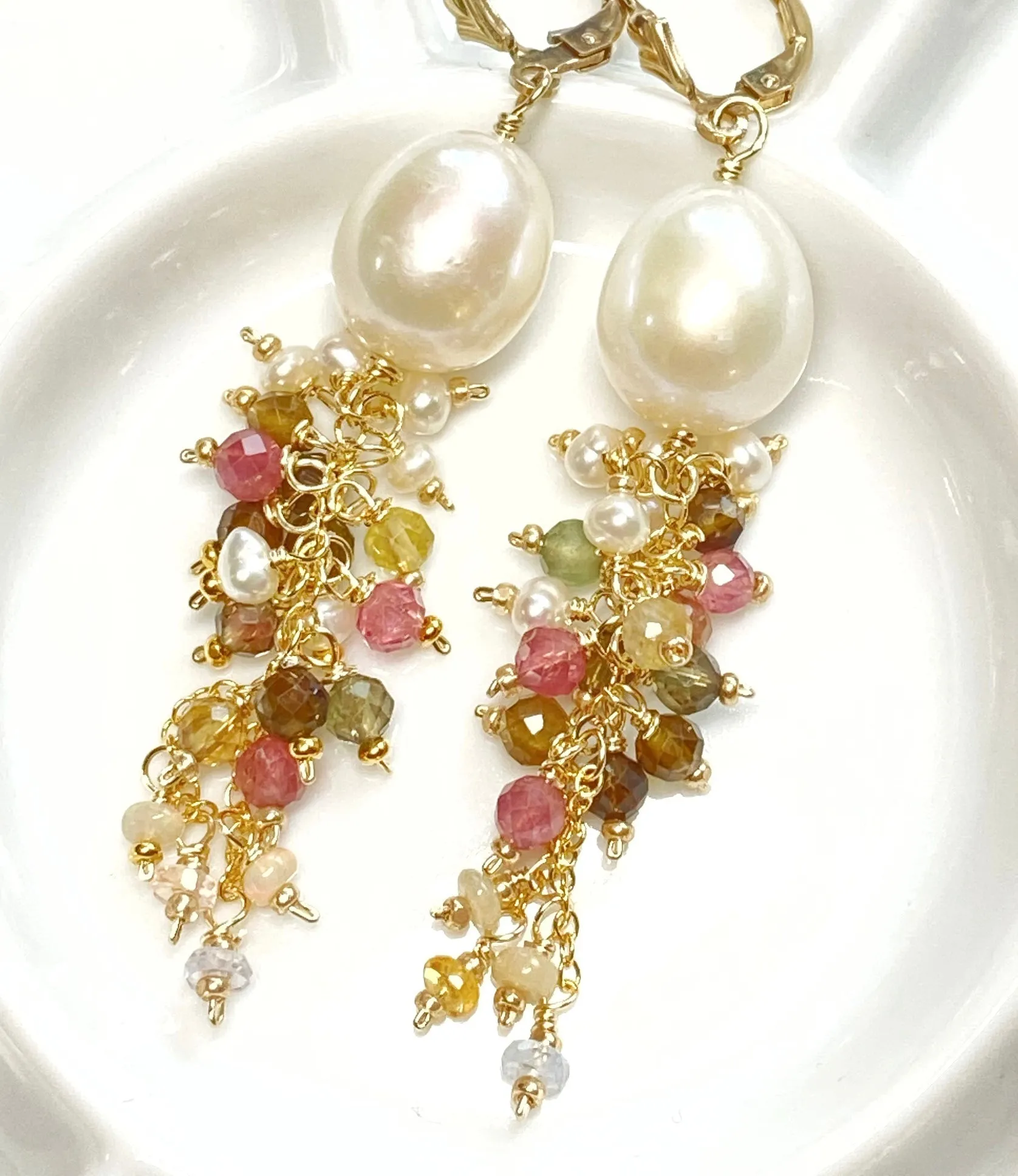 Pearl and Tourmaline Tassel Dangle Earrings